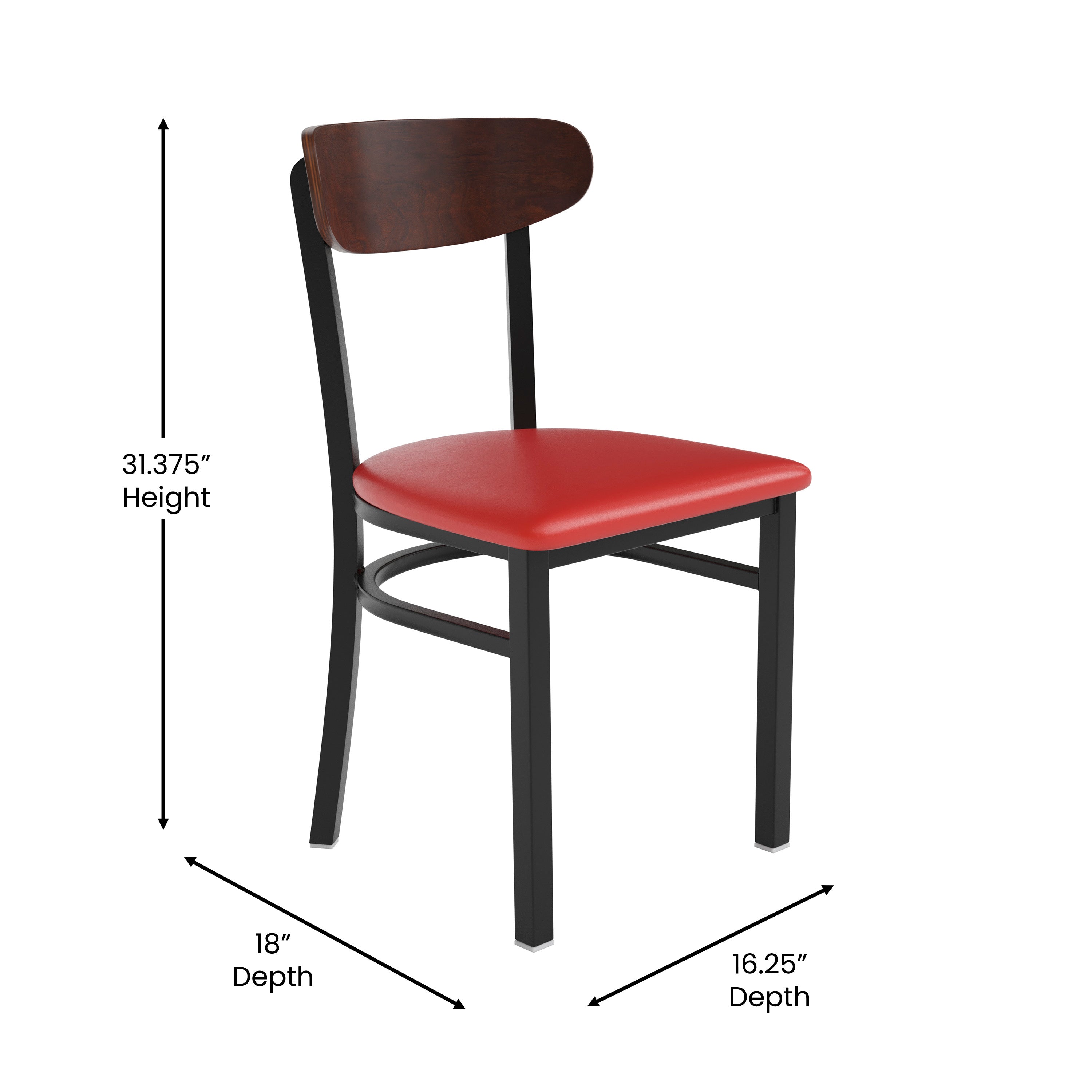 Wright Commercial Dining Chair with 500 LB. Capacity Black Steel Frame, Walnut Finish Wooden Boomerang Back, and Red Vinyl Seat