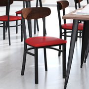 Wright Commercial Dining Chair with 500 LB. Capacity Black Steel Frame, Walnut Finish Wooden Boomerang Back, and Red Vinyl Seat