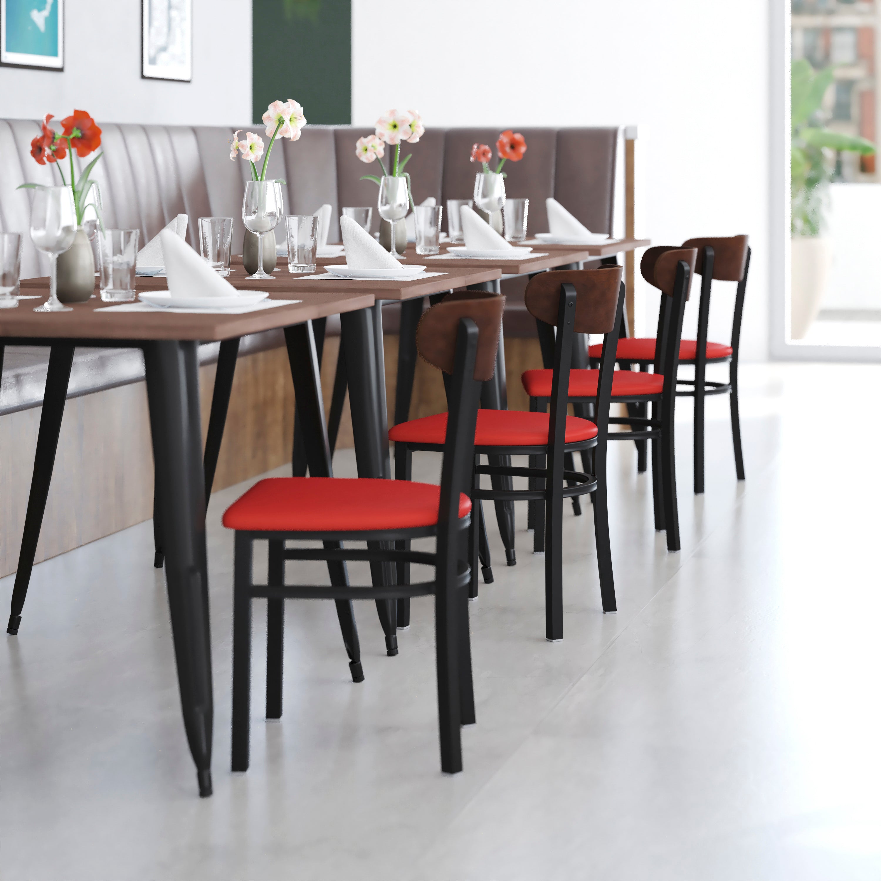 Wright Commercial Dining Chair with 500 LB. Capacity Black Steel Frame, Walnut Finish Wooden Boomerang Back, and Red Vinyl Seat