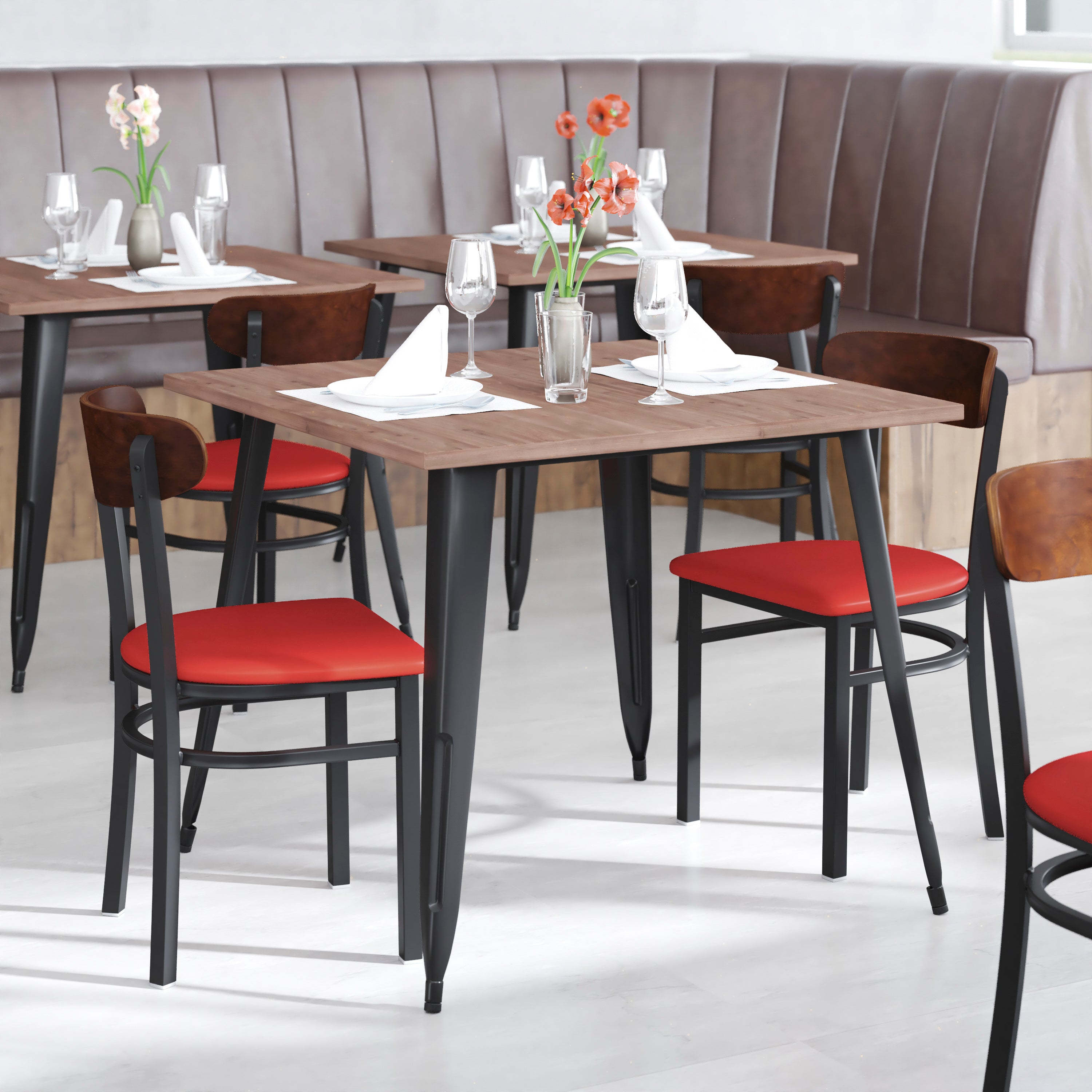 Wright Commercial Dining Chair with 500 LB. Capacity Black Steel Frame, Walnut Finish Wooden Boomerang Back, and Red Vinyl Seat