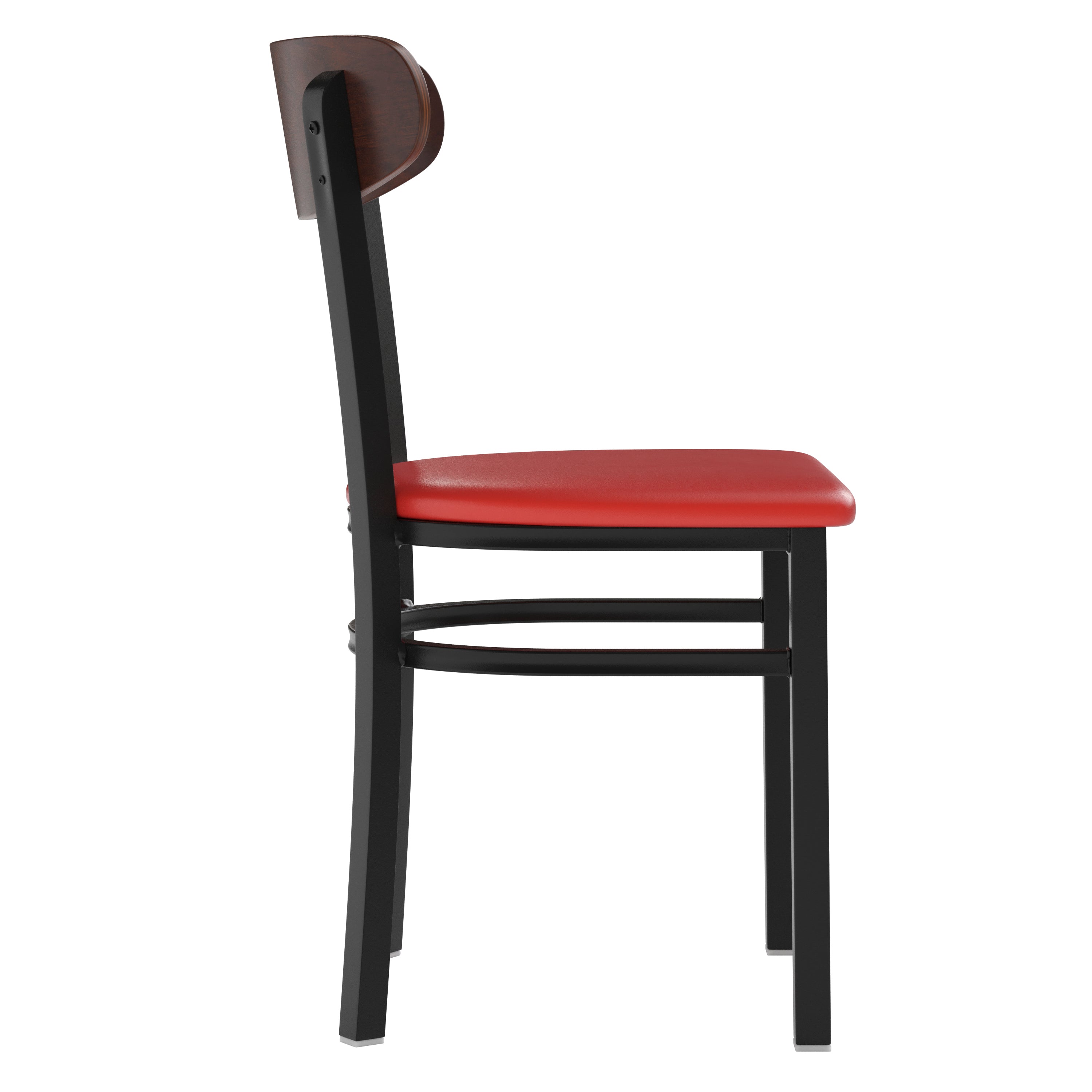 Wright Commercial Dining Chair with 500 LB. Capacity Black Steel Frame, Walnut Finish Wooden Boomerang Back, and Red Vinyl Seat