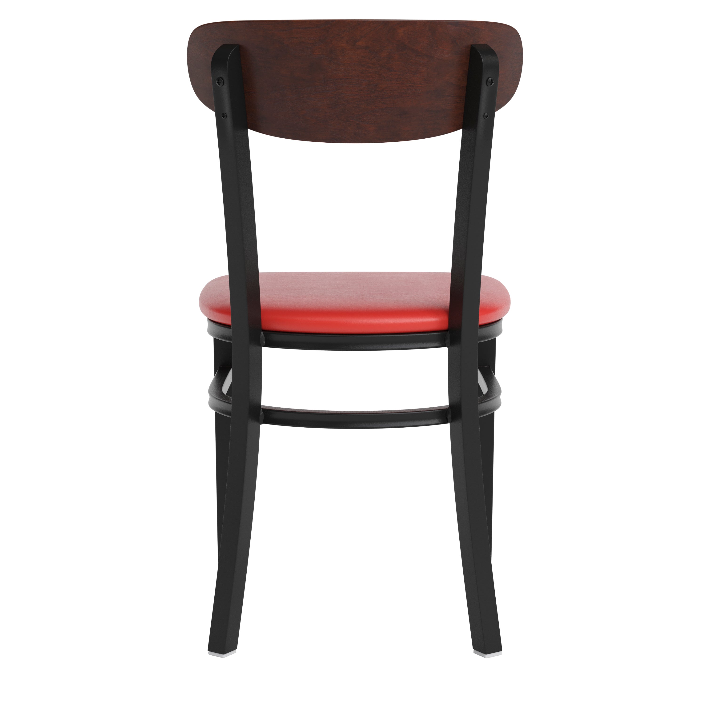 Wright Commercial Dining Chair with 500 LB. Capacity Black Steel Frame, Walnut Finish Wooden Boomerang Back, and Red Vinyl Seat