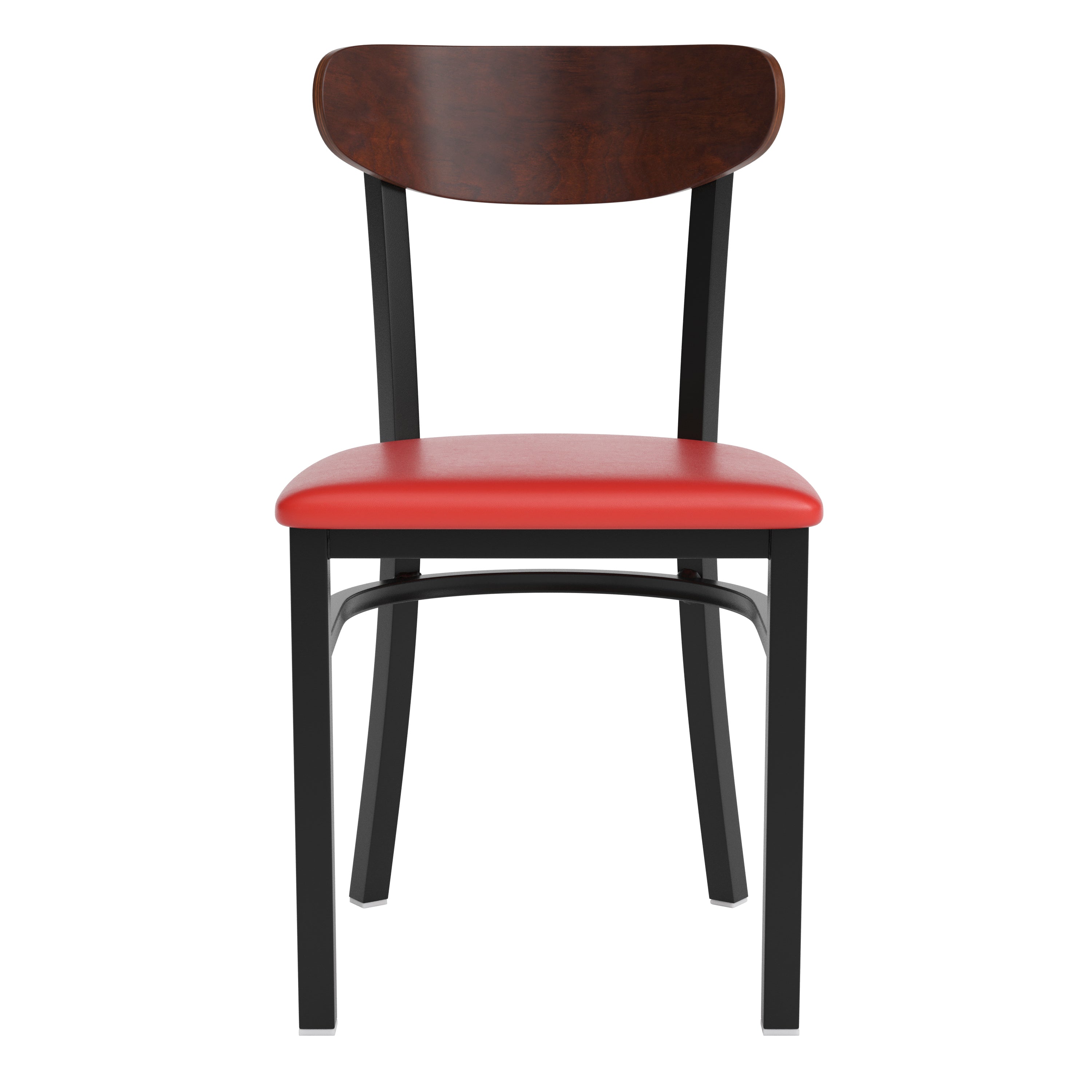 Wright Commercial Dining Chair with 500 LB. Capacity Black Steel Frame, Walnut Finish Wooden Boomerang Back, and Red Vinyl Seat
