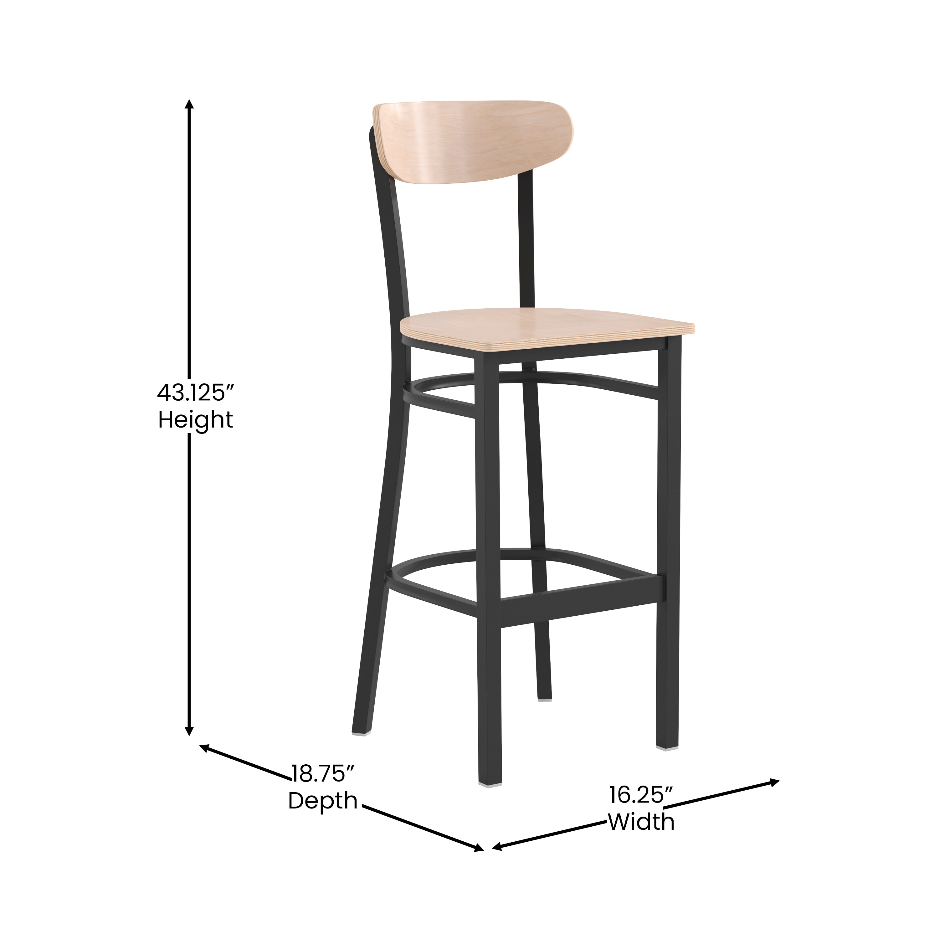 Wright Commercial Grade Barstool with 500 LB. Capacity Black Steel Frame, Solid Wood Seat, and Boomerang Back, Natural Birch Finish
