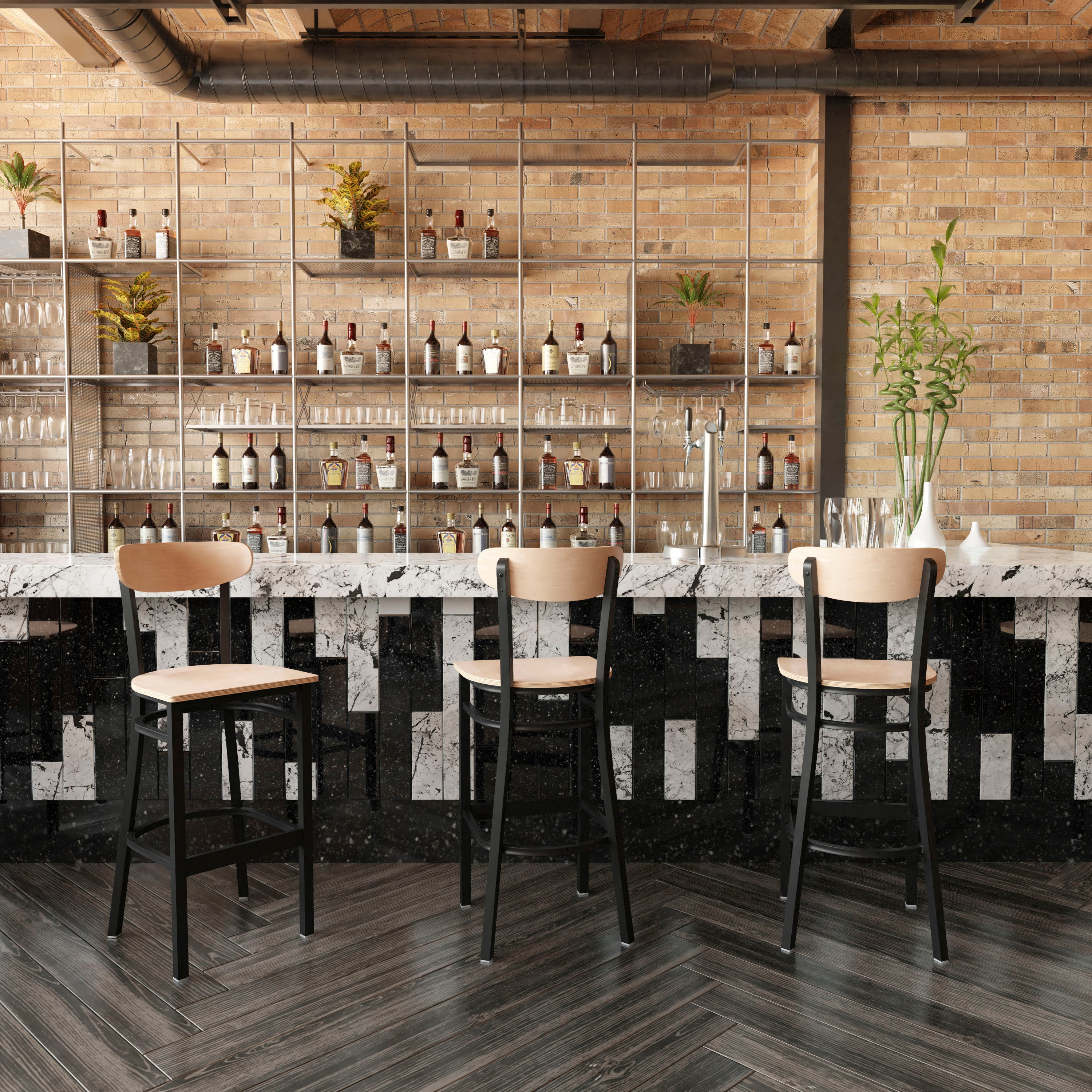 Wright Commercial Grade Barstool with 500 LB. Capacity Black Steel Frame, Solid Wood Seat, and Boomerang Back, Natural Birch Finish