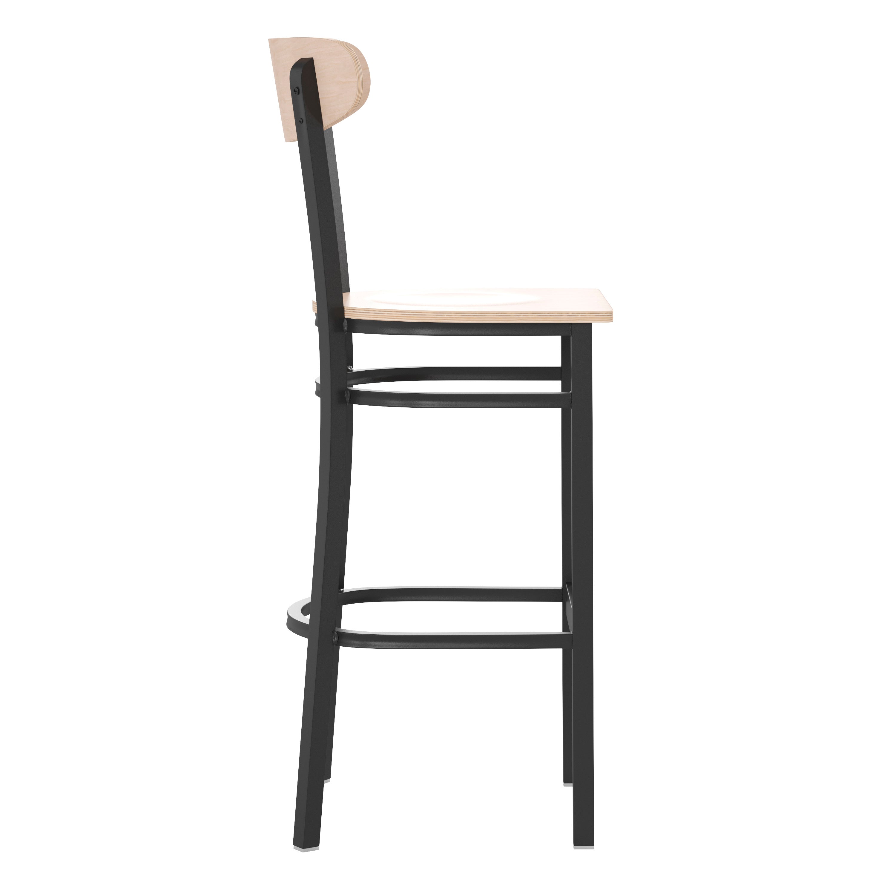 Wright Commercial Grade Barstool with 500 LB. Capacity Black Steel Frame, Solid Wood Seat, and Boomerang Back, Natural Birch Finish