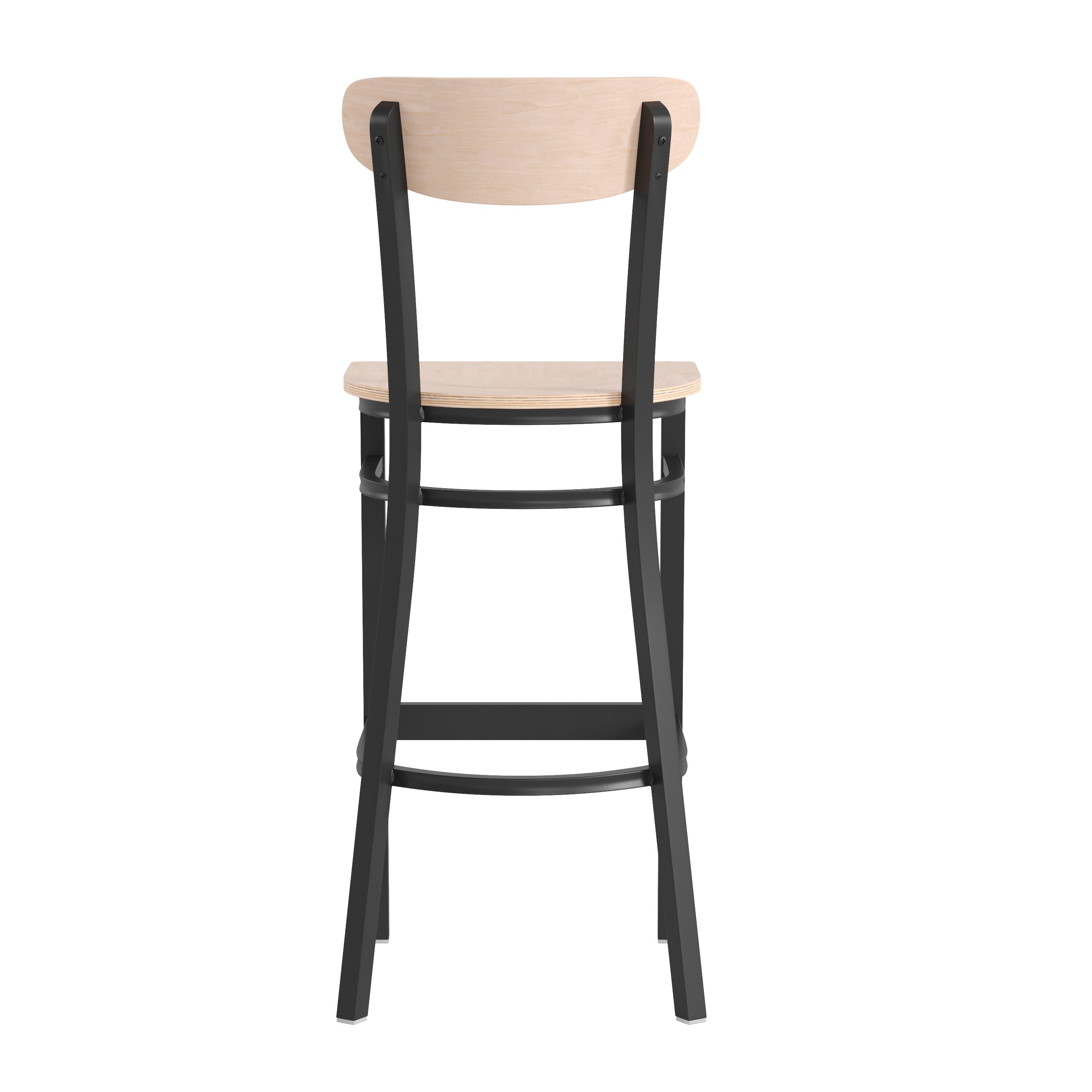 Wright Commercial Grade Barstool with 500 LB. Capacity Black Steel Frame, Solid Wood Seat, and Boomerang Back, Natural Birch Finish