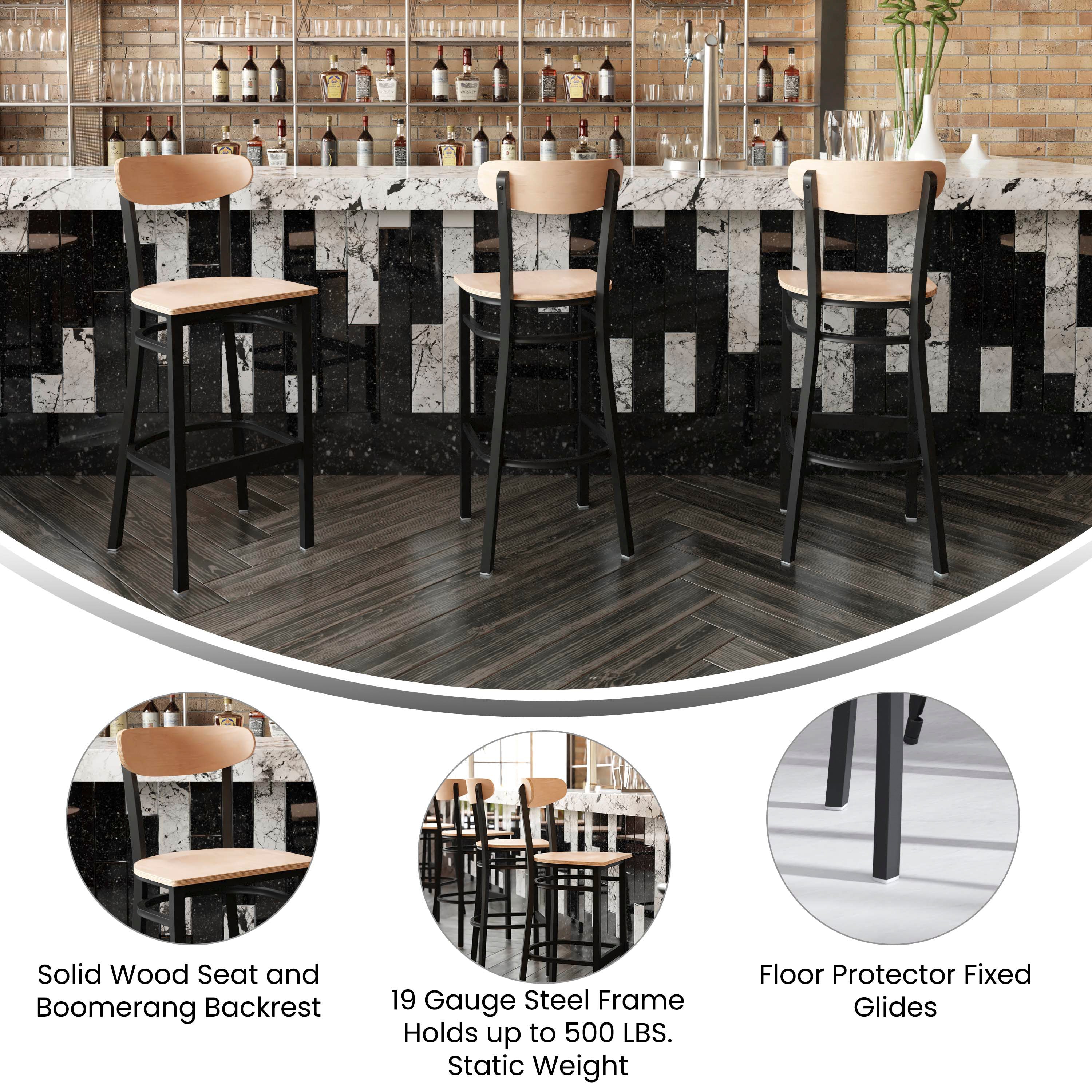 Wright Commercial Grade Barstool with 500 LB. Capacity Black Steel Frame, Solid Wood Seat, and Boomerang Back, Natural Birch Finish