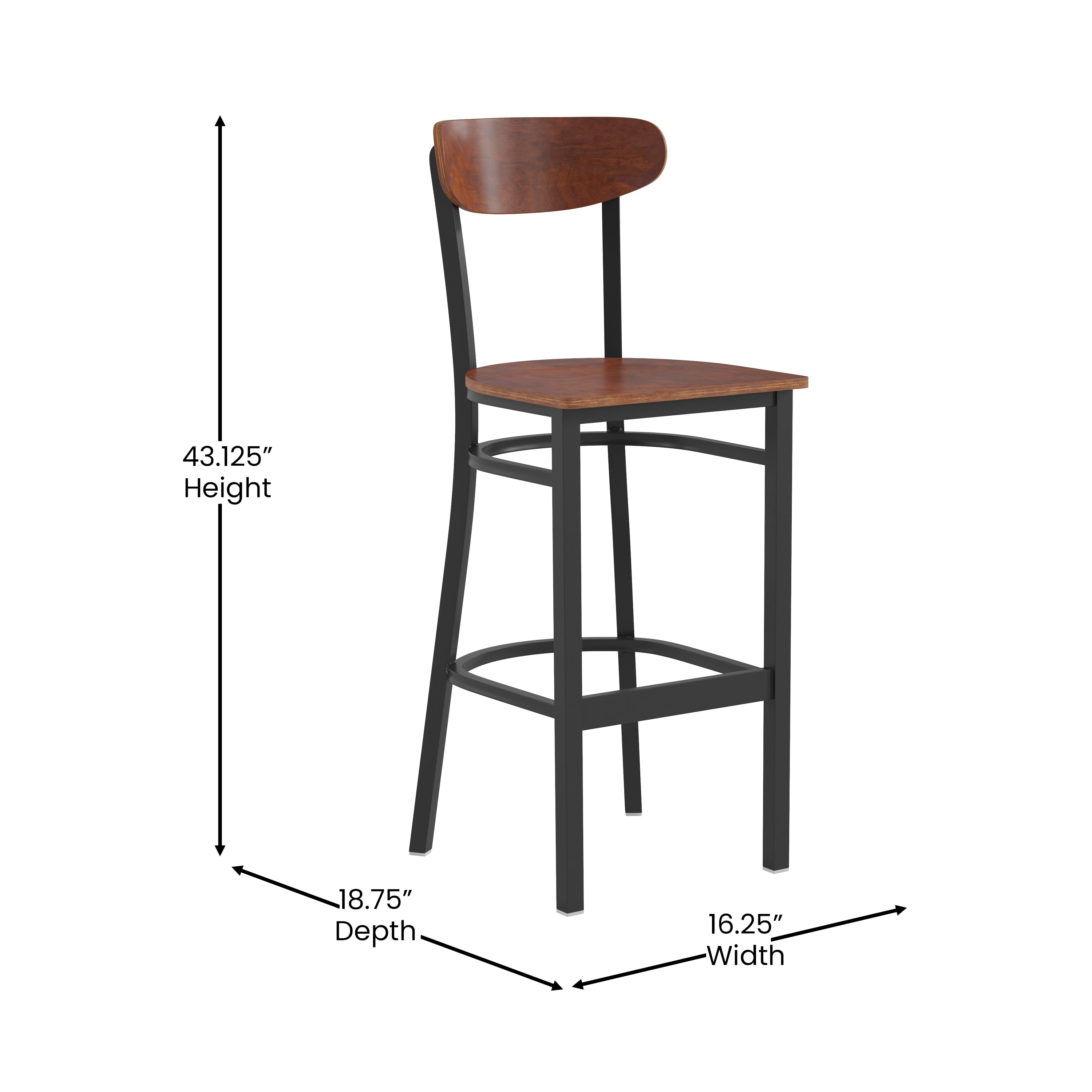 Wright Commercial Grade Barstool with 500 LB. Capacity Black Steel Frame, Solid Wood Seat, and Boomerang Back, Walnut Finish