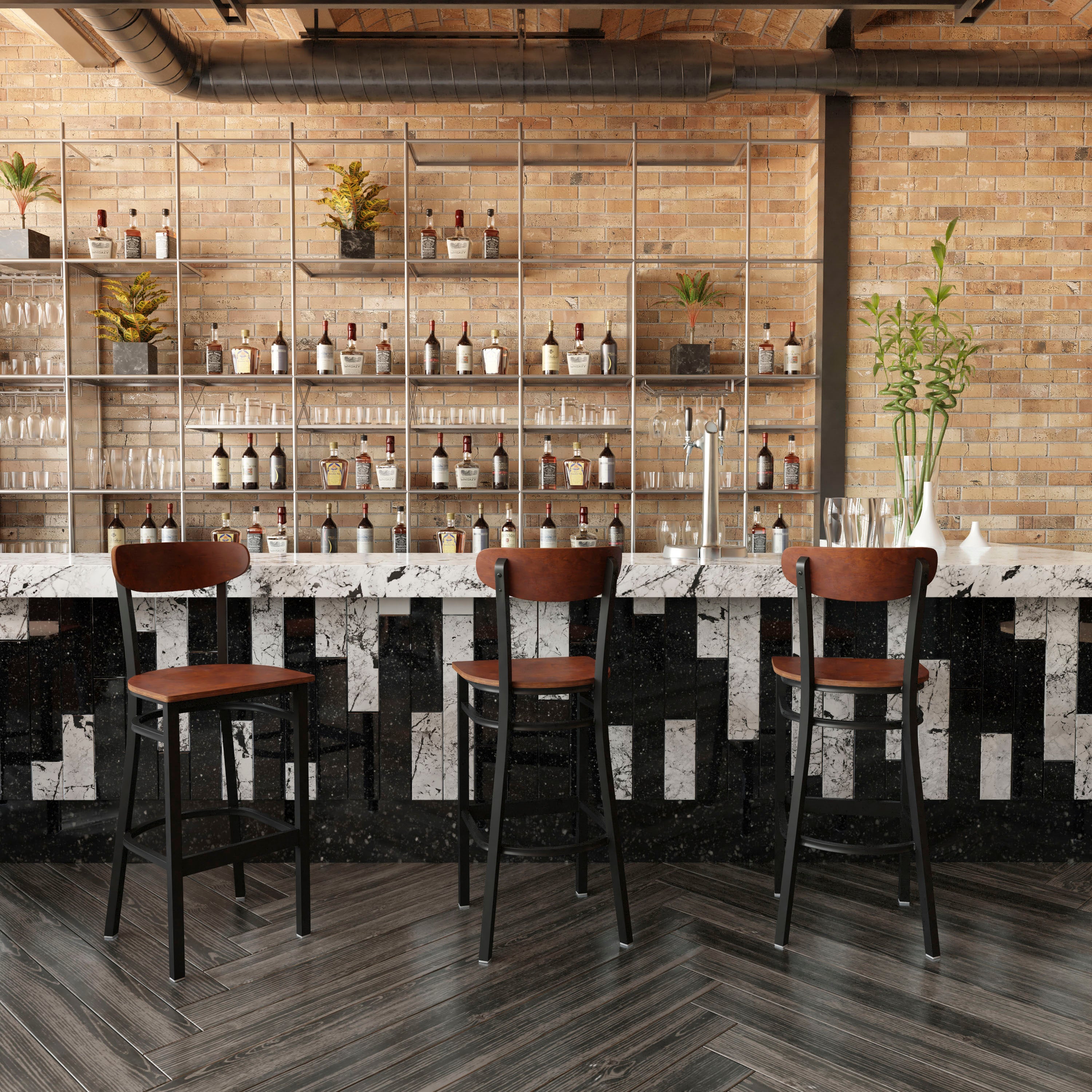 Wright Commercial Grade Barstool with 500 LB. Capacity Black Steel Frame, Solid Wood Seat, and Boomerang Back, Walnut Finish