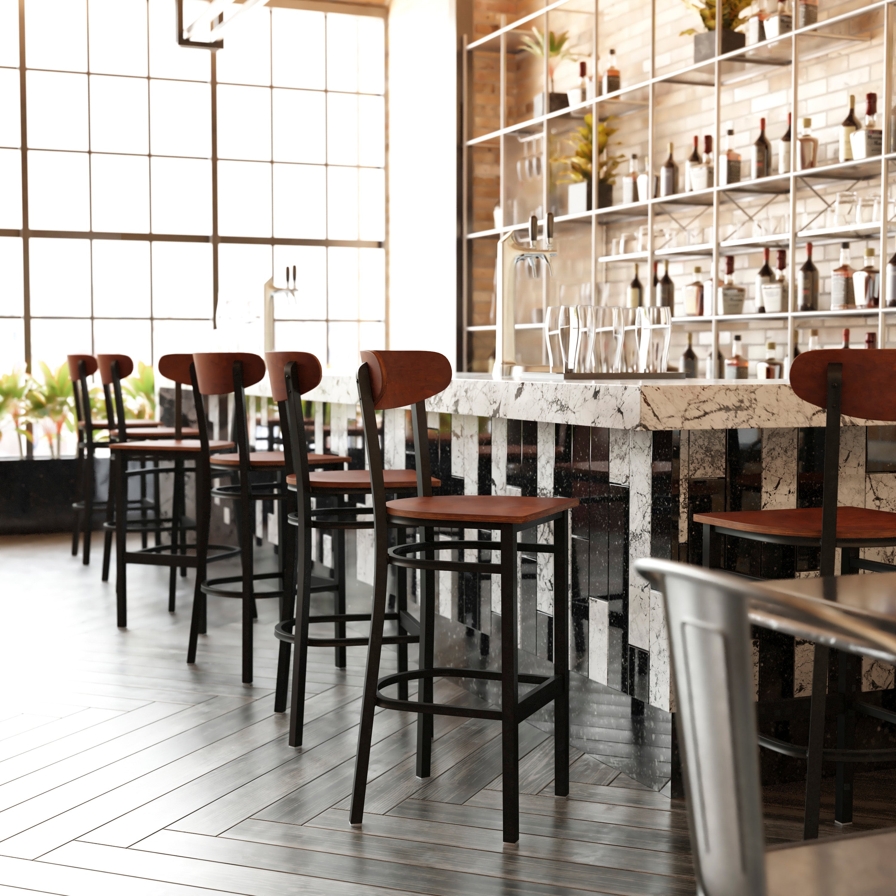 Wright Commercial Grade Barstool with 500 LB. Capacity Black Steel Frame, Solid Wood Seat, and Boomerang Back, Walnut Finish