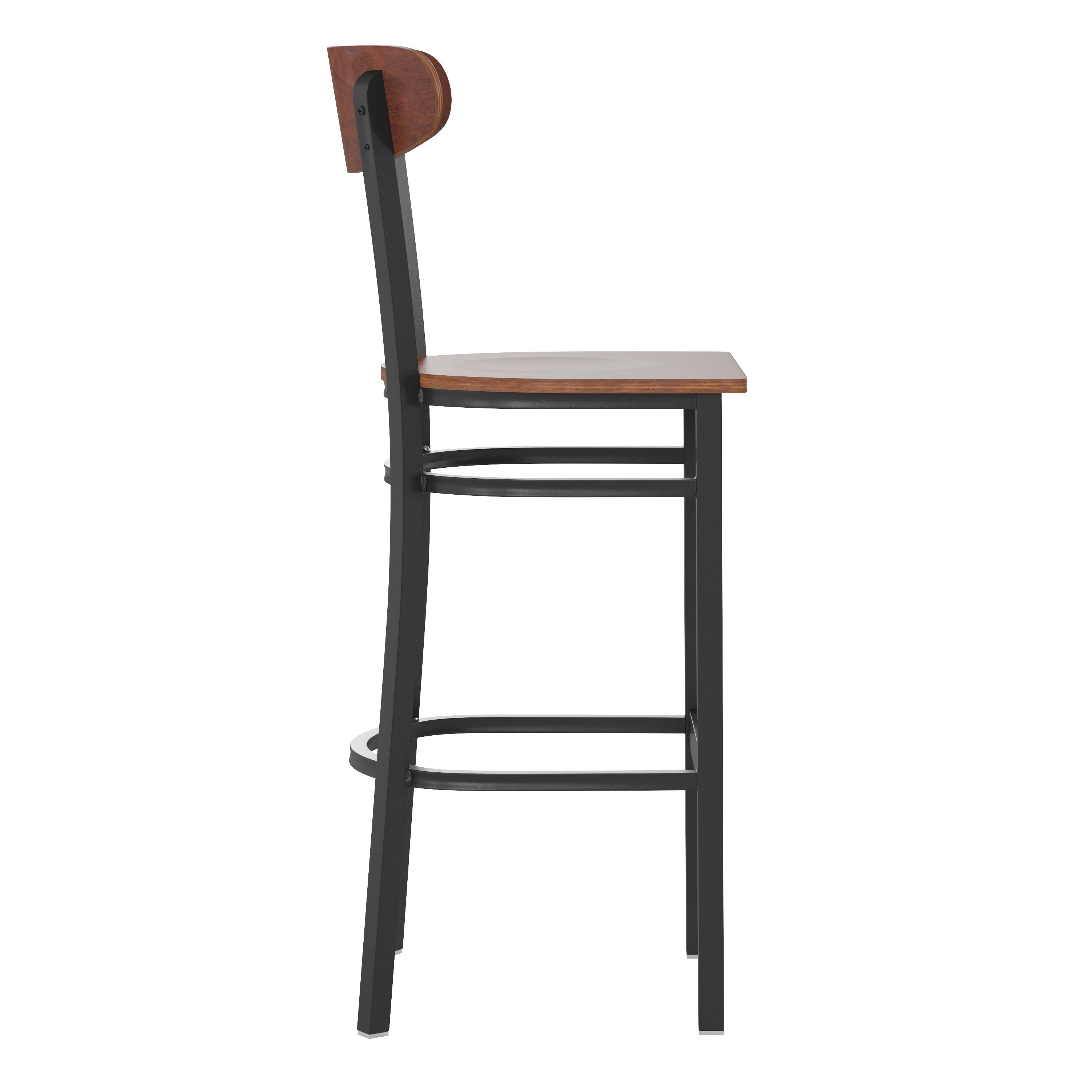 Wright Commercial Grade Barstool with 500 LB. Capacity Black Steel Frame, Solid Wood Seat, and Boomerang Back, Walnut Finish