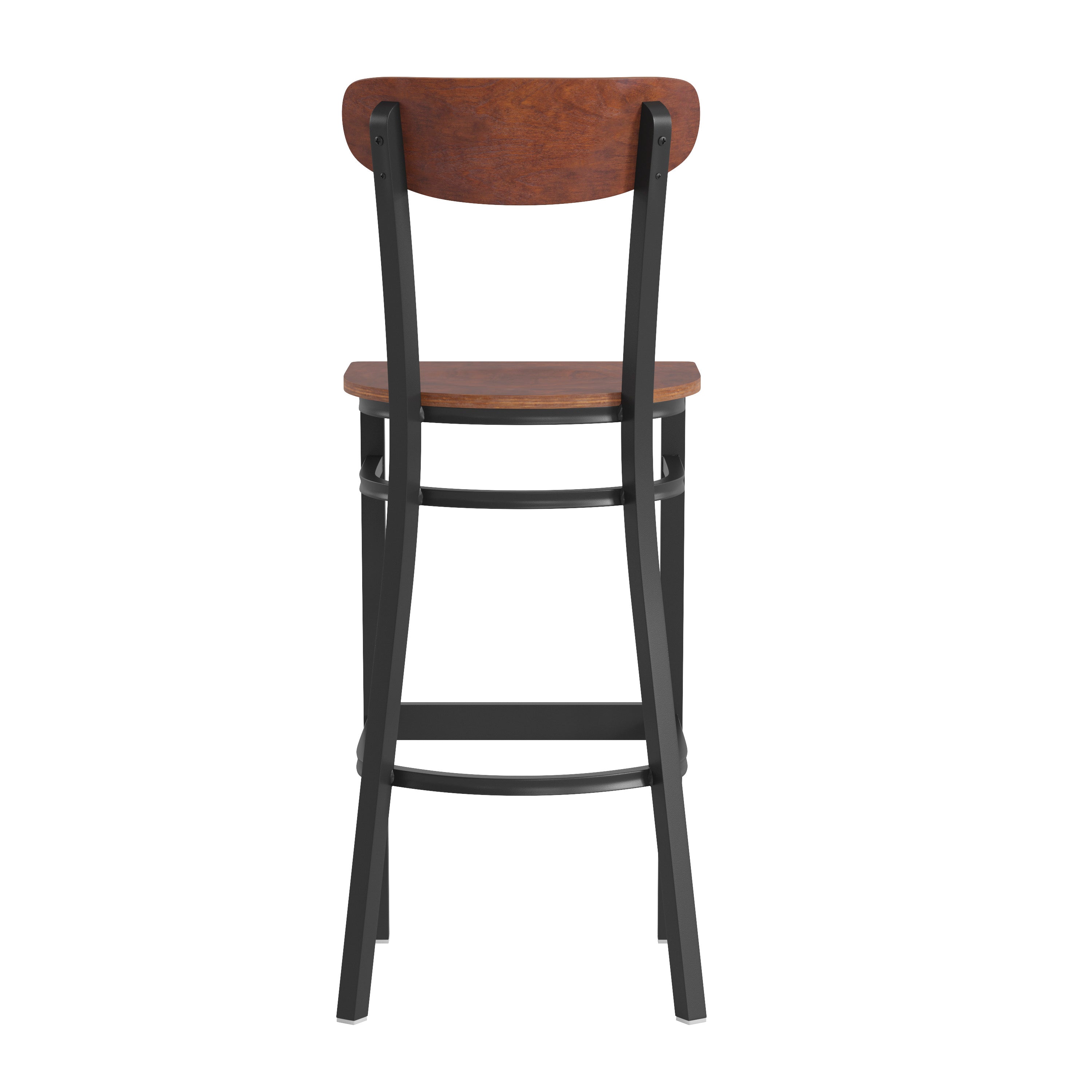 Wright Commercial Grade Barstool with 500 LB. Capacity Black Steel Frame, Solid Wood Seat, and Boomerang Back, Walnut Finish