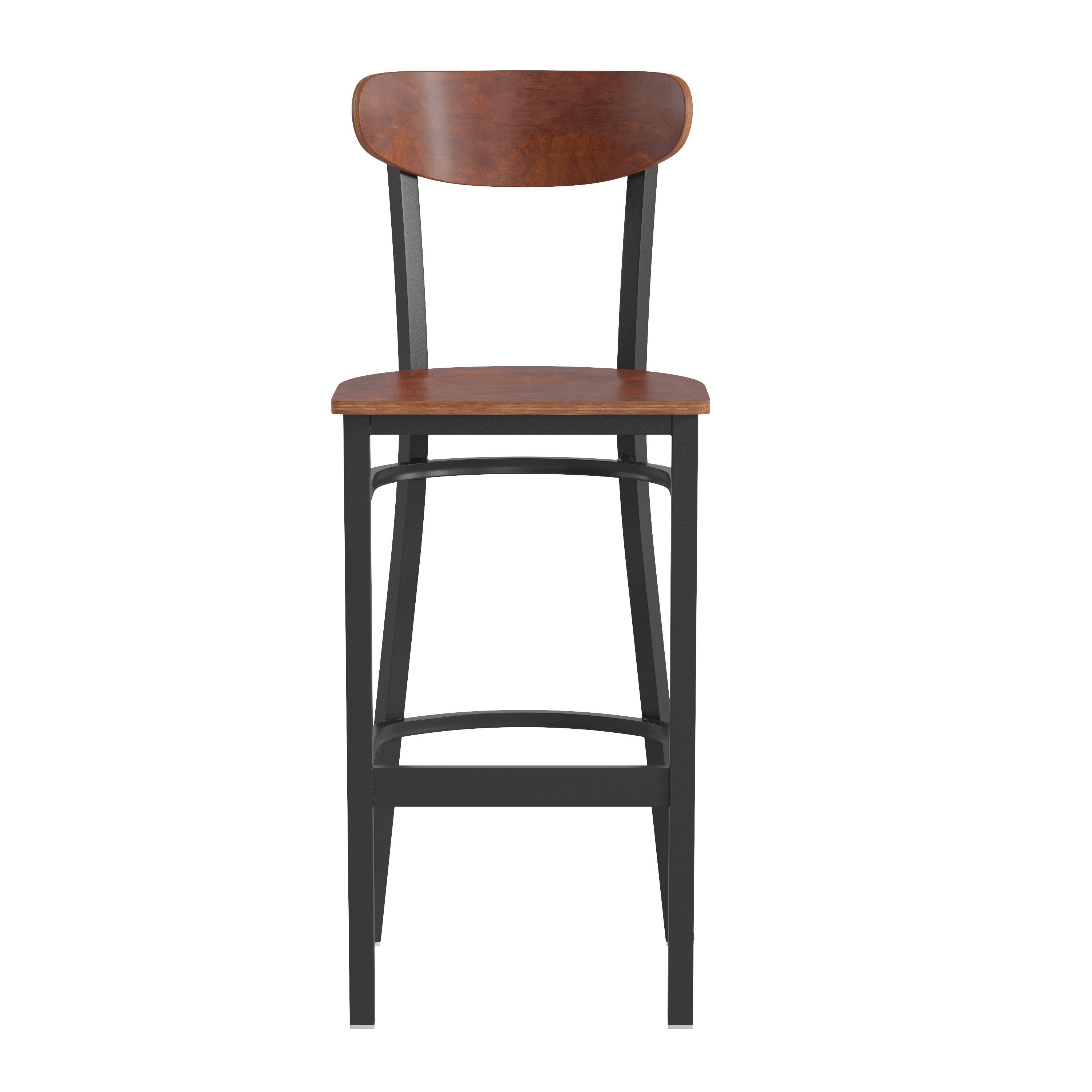 Wright Commercial Grade Barstool with 500 LB. Capacity Black Steel Frame, Solid Wood Seat, and Boomerang Back, Walnut Finish