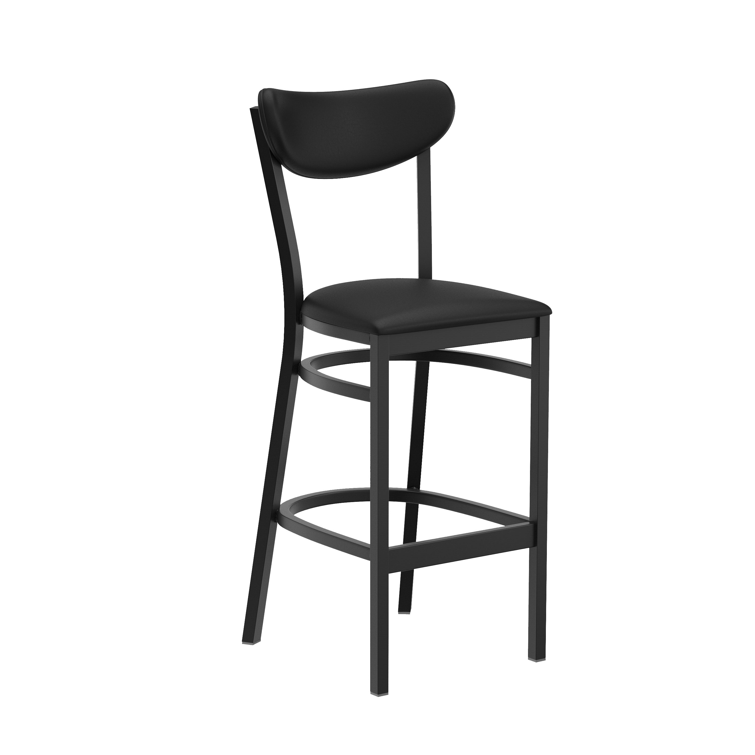 Wright Commercial Barstool with 500 LB. Capacity Black Steel Frame, Black Vinyl Boomerang Back, and Black Vinyl Seat