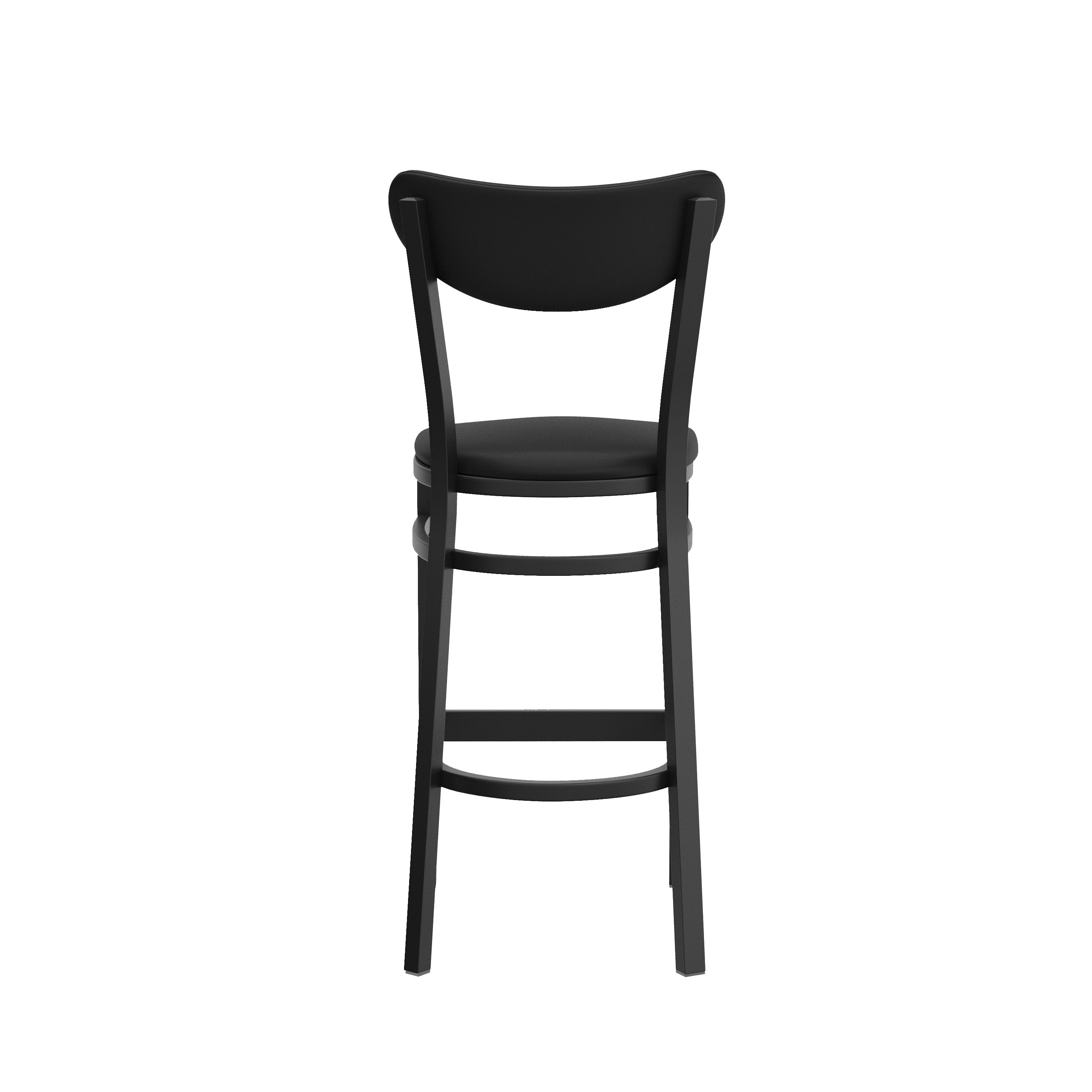 Wright Commercial Barstool with 500 LB. Capacity Black Steel Frame, Black Vinyl Boomerang Back, and Black Vinyl Seat