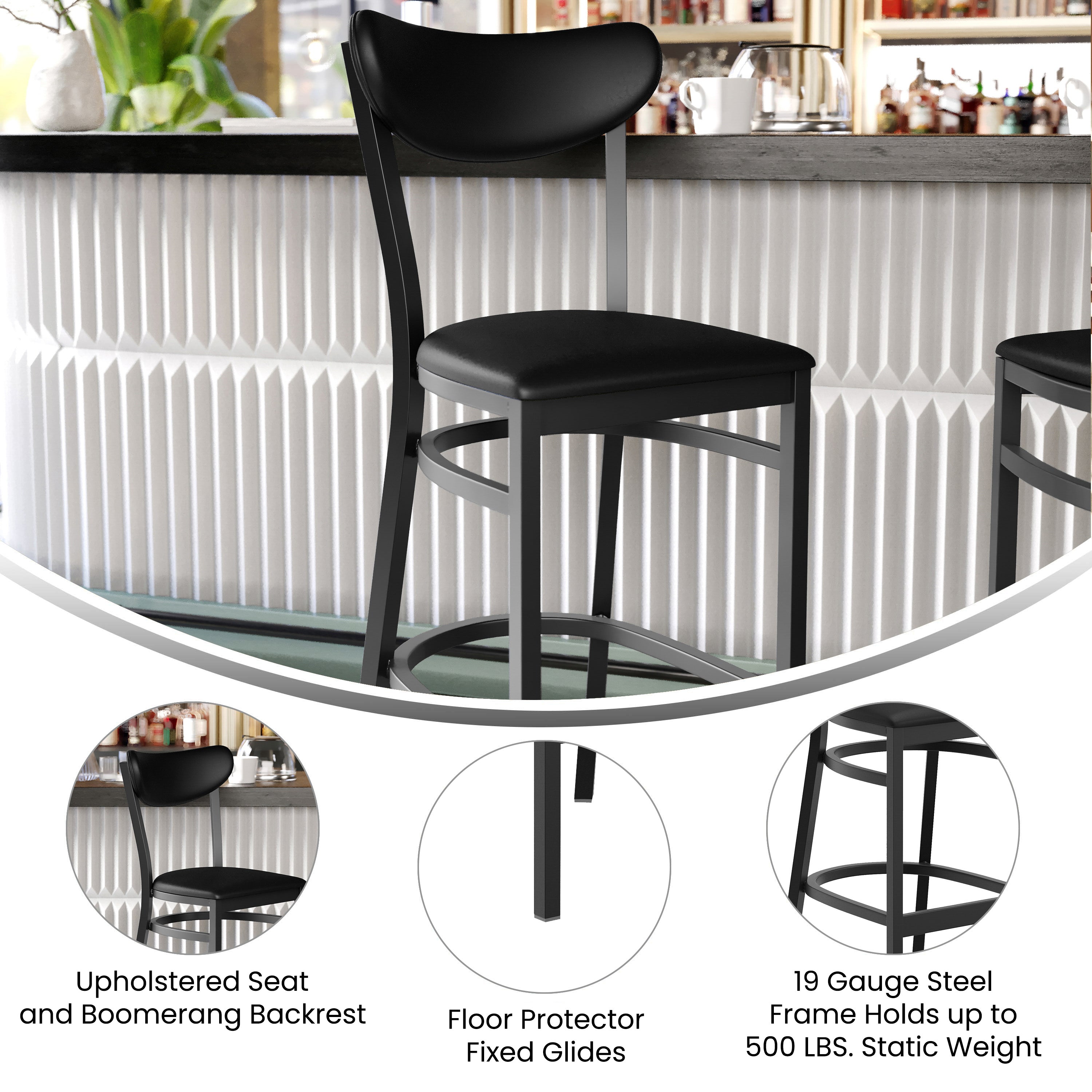 Wright Commercial Barstool with 500 LB. Capacity Black Steel Frame, Black Vinyl Boomerang Back, and Black Vinyl Seat