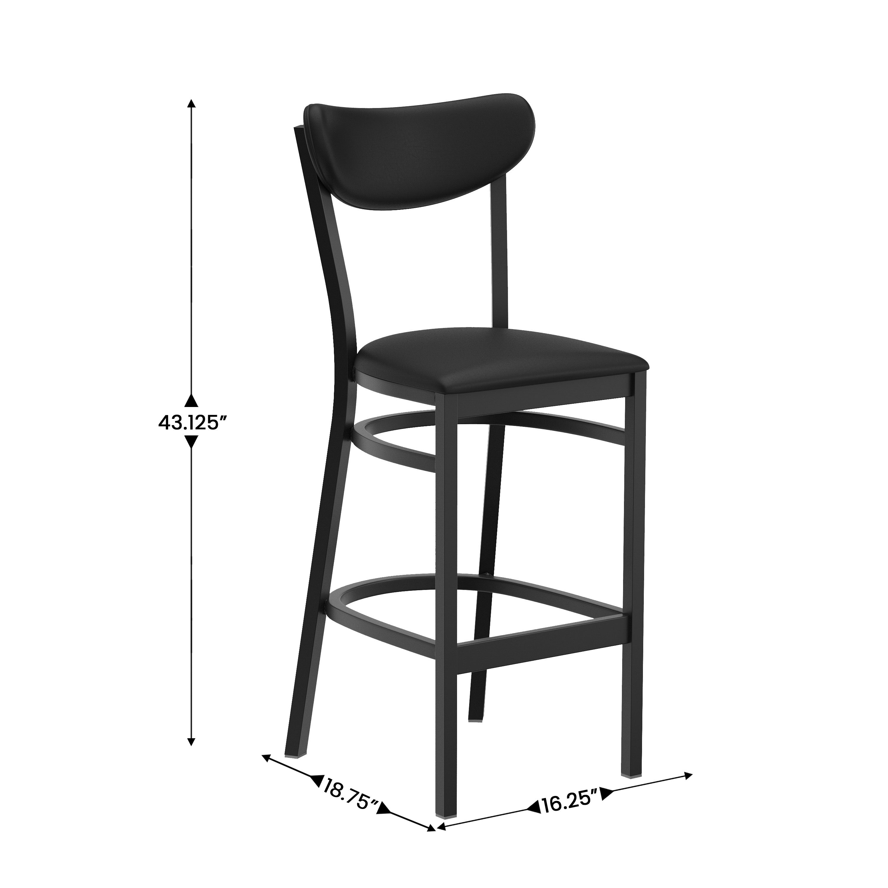 Wright Commercial Barstool with 500 LB. Capacity Black Steel Frame, Black Vinyl Boomerang Back, and Black Vinyl Seat