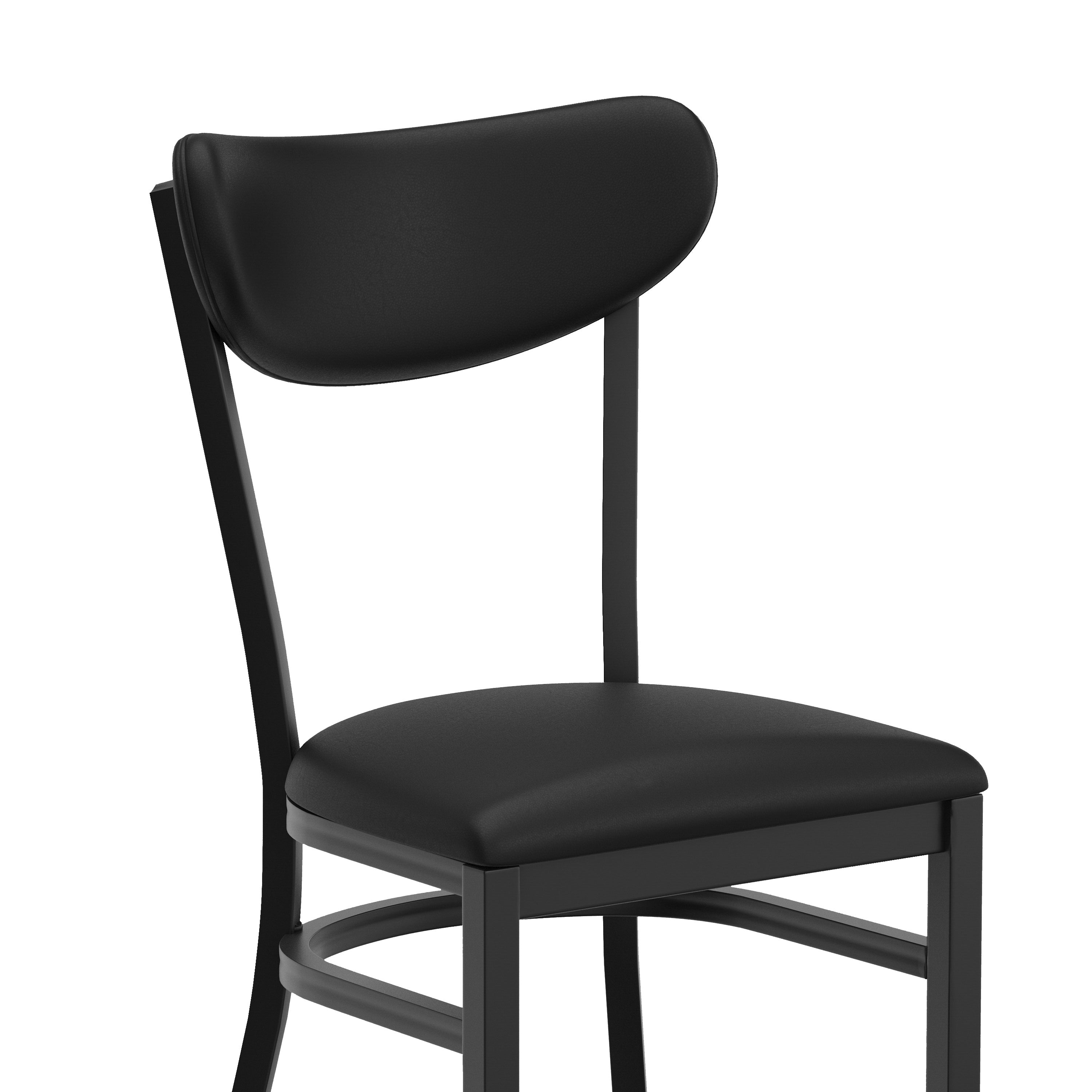 Wright Commercial Barstool with 500 LB. Capacity Black Steel Frame, Black Vinyl Boomerang Back, and Black Vinyl Seat