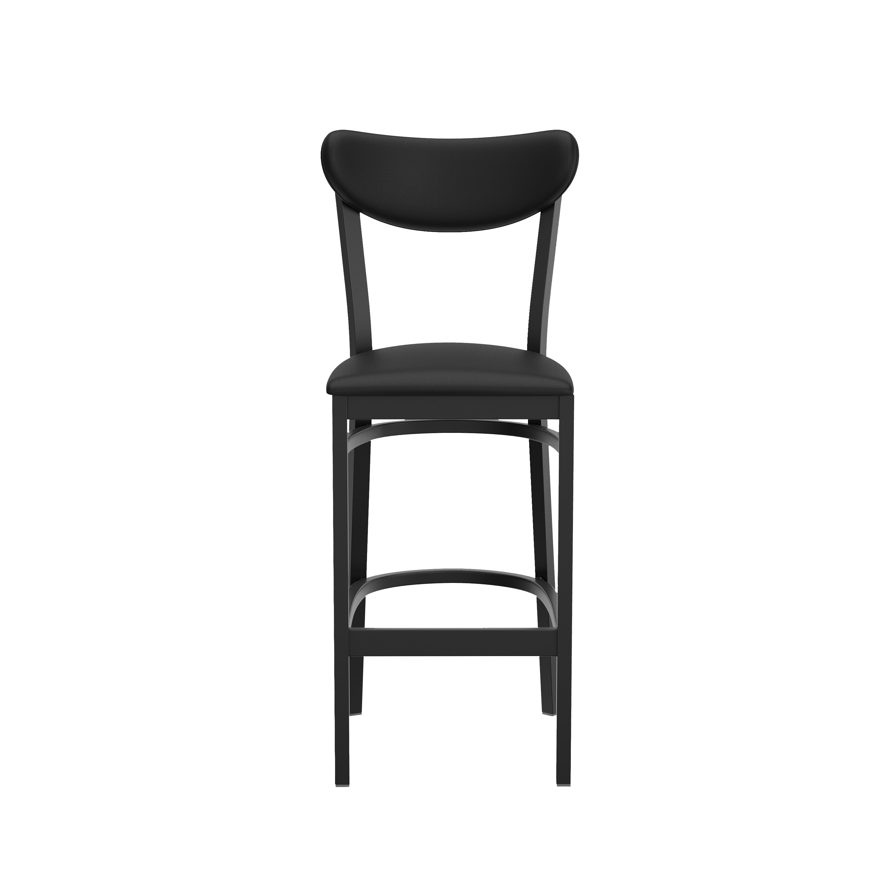 Wright Commercial Barstool with 500 LB. Capacity Black Steel Frame, Black Vinyl Boomerang Back, and Black Vinyl Seat