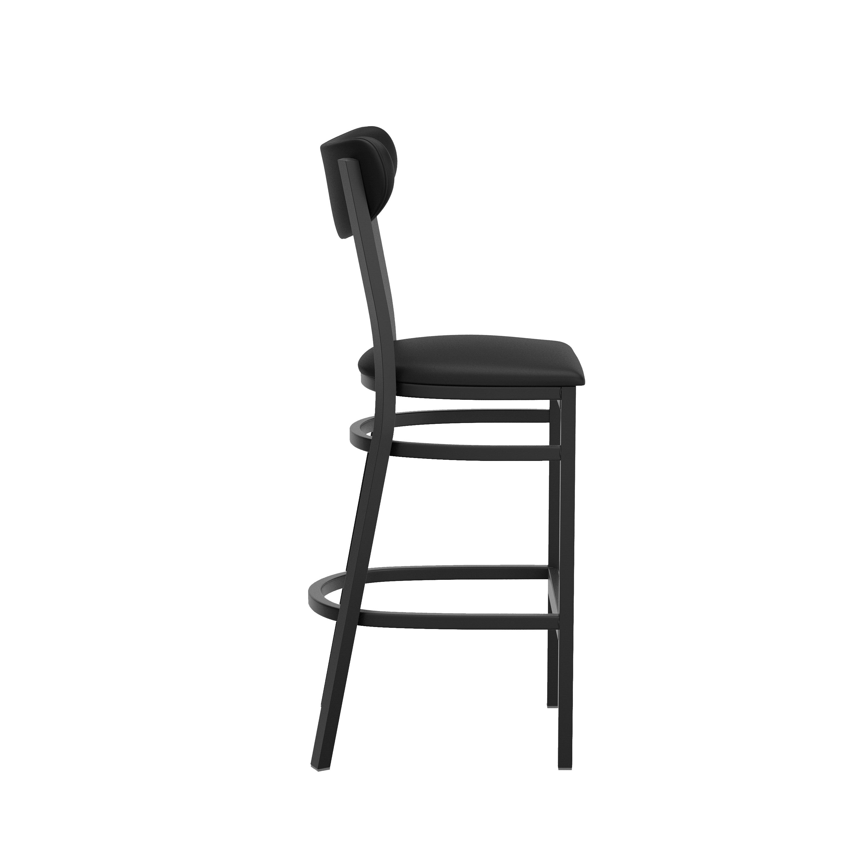 Wright Commercial Barstool with 500 LB. Capacity Black Steel Frame, Black Vinyl Boomerang Back, and Black Vinyl Seat