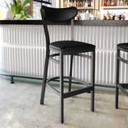 Wright Commercial Barstool with 500 LB. Capacity Black Steel Frame, Black Vinyl Boomerang Back, and Black Vinyl Seat