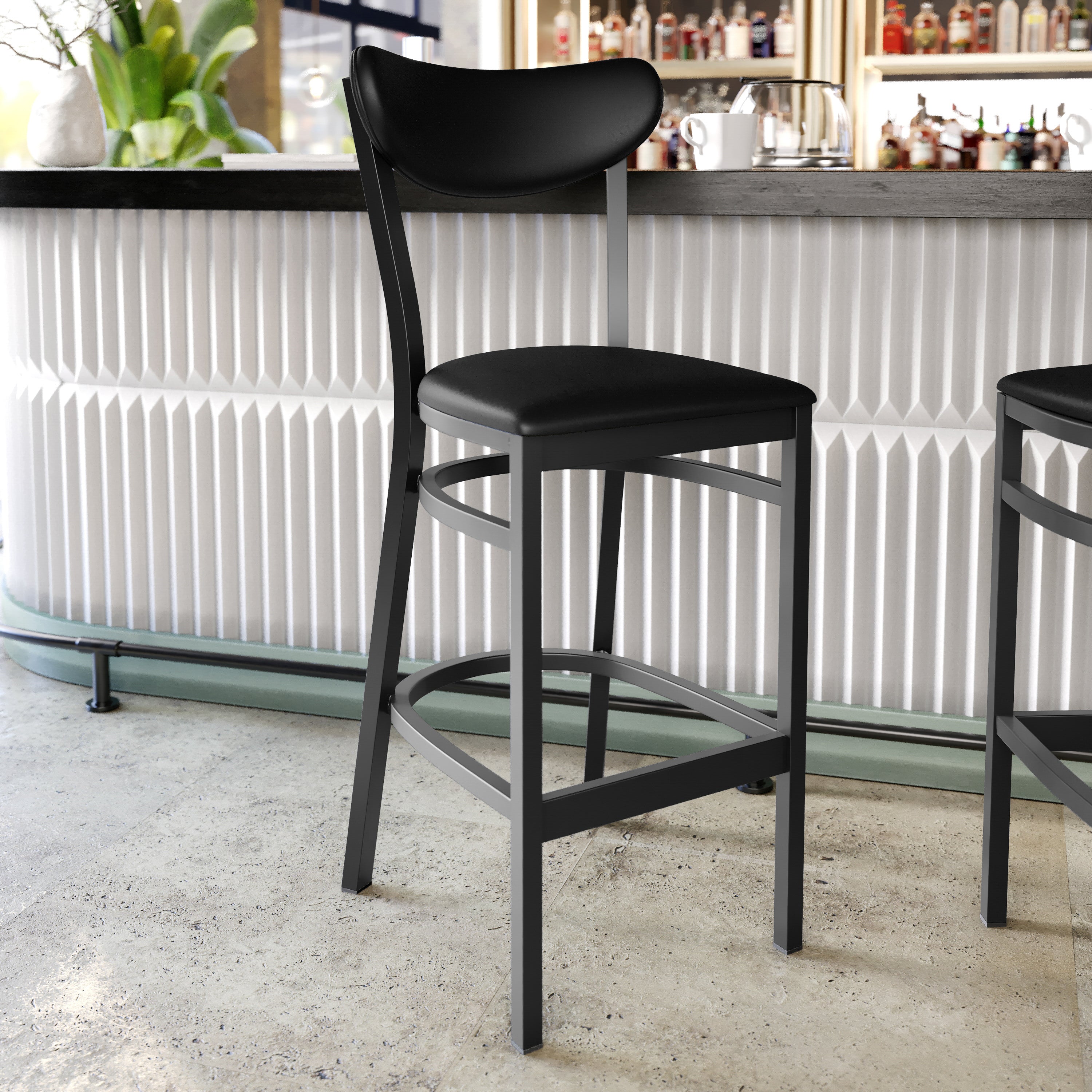 Wright Commercial Barstool with 500 LB. Capacity Black Steel Frame, Black Vinyl Boomerang Back, and Black Vinyl Seat
