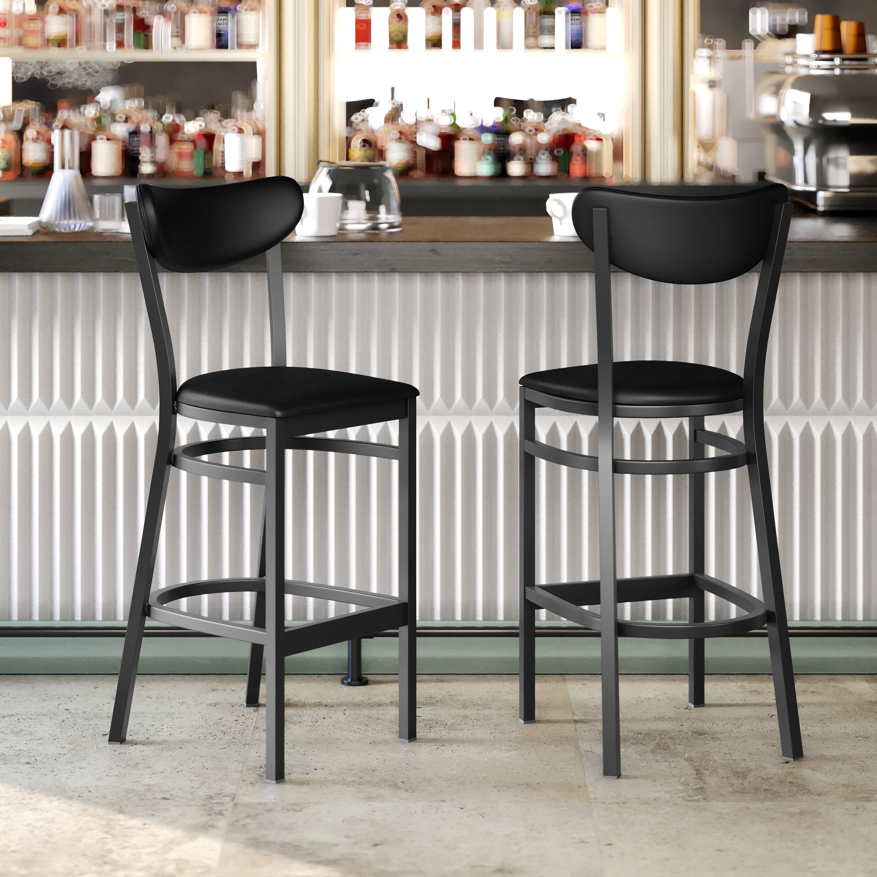 Wright Commercial Barstool with 500 LB. Capacity Black Steel Frame, Black Vinyl Boomerang Back, and Black Vinyl Seat