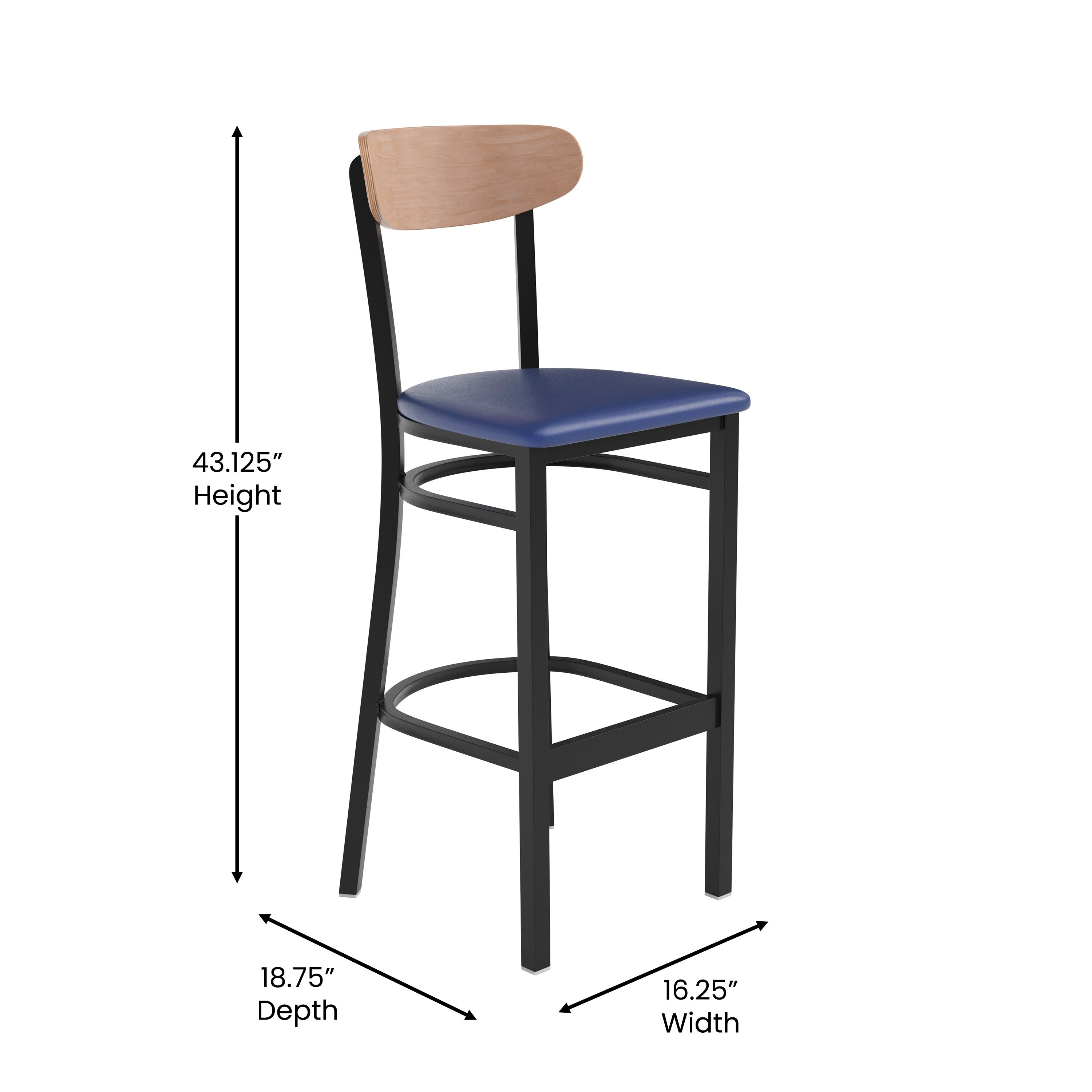 Wright Commercial Barstool with 500 LB. Capacity Black Steel Frame, Natural Birch Finish Wooden Boomerang Back, and Blue Vinyl Seat