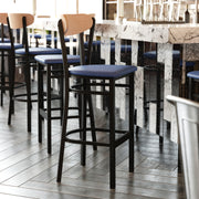 Wright Commercial Barstool with 500 LB. Capacity Black Steel Frame, Natural Birch Finish Wooden Boomerang Back, and Blue Vinyl Seat