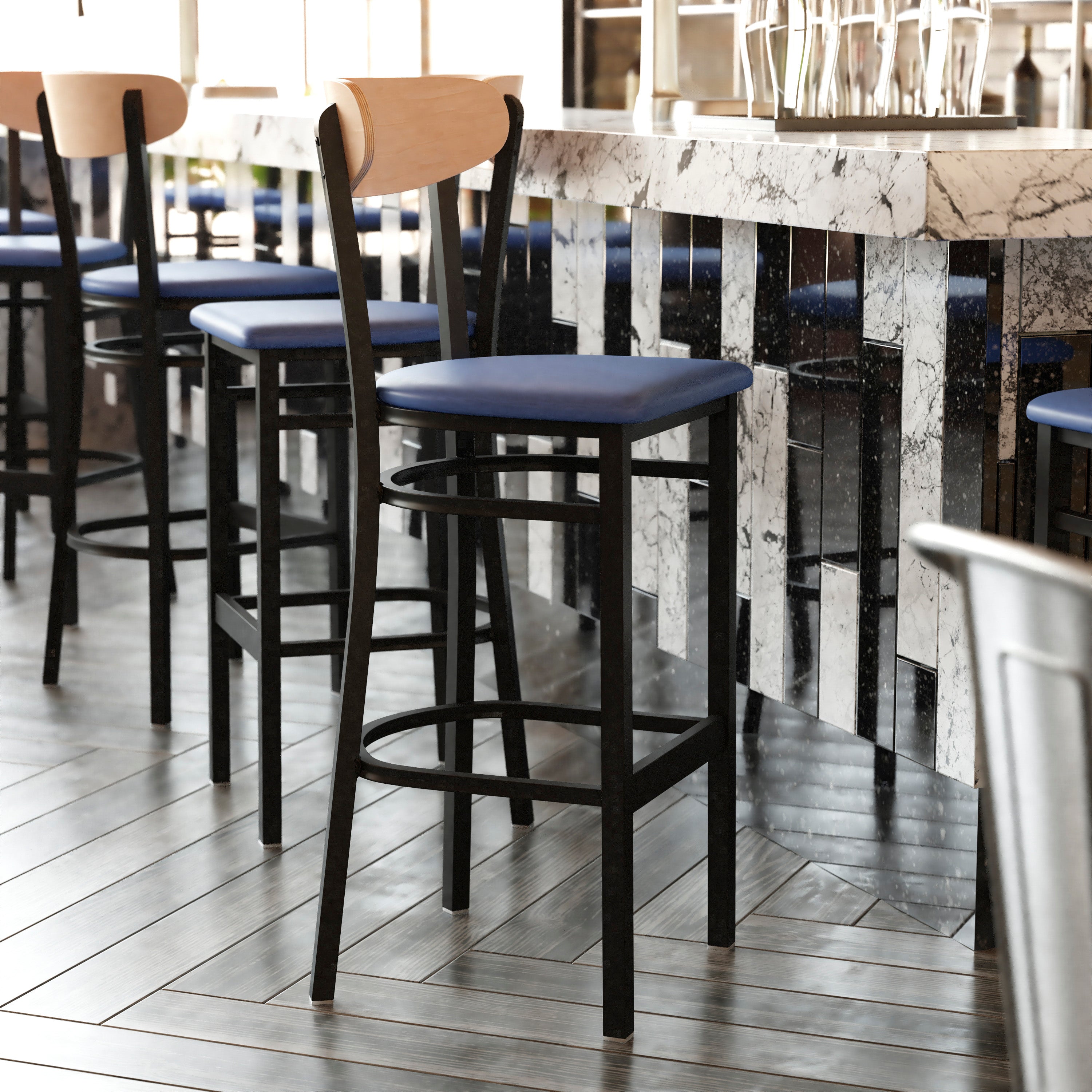 Wright Commercial Barstool with 500 LB. Capacity Black Steel Frame, Natural Birch Finish Wooden Boomerang Back, and Blue Vinyl Seat