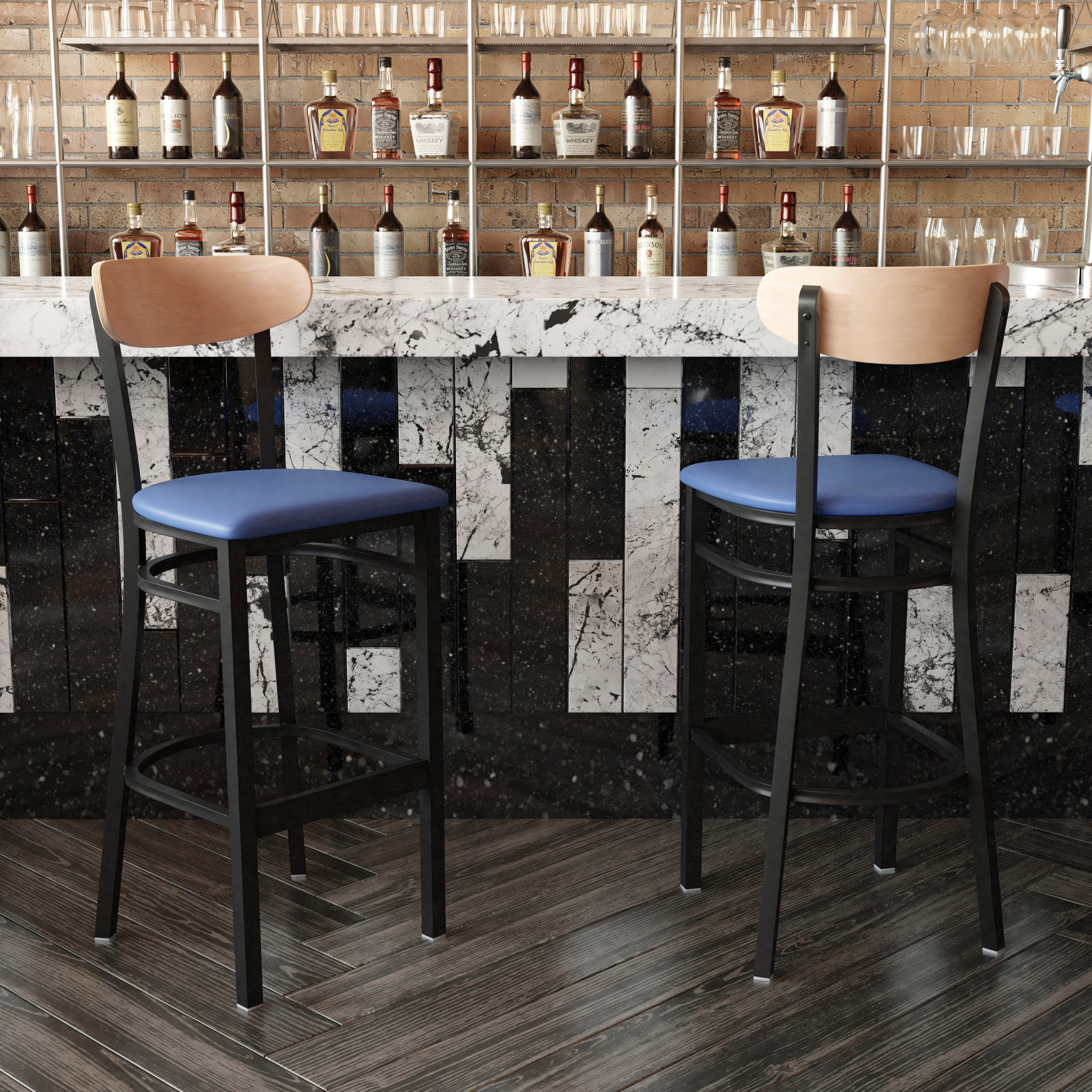 Wright Commercial Barstool with 500 LB. Capacity Black Steel Frame, Natural Birch Finish Wooden Boomerang Back, and Blue Vinyl Seat