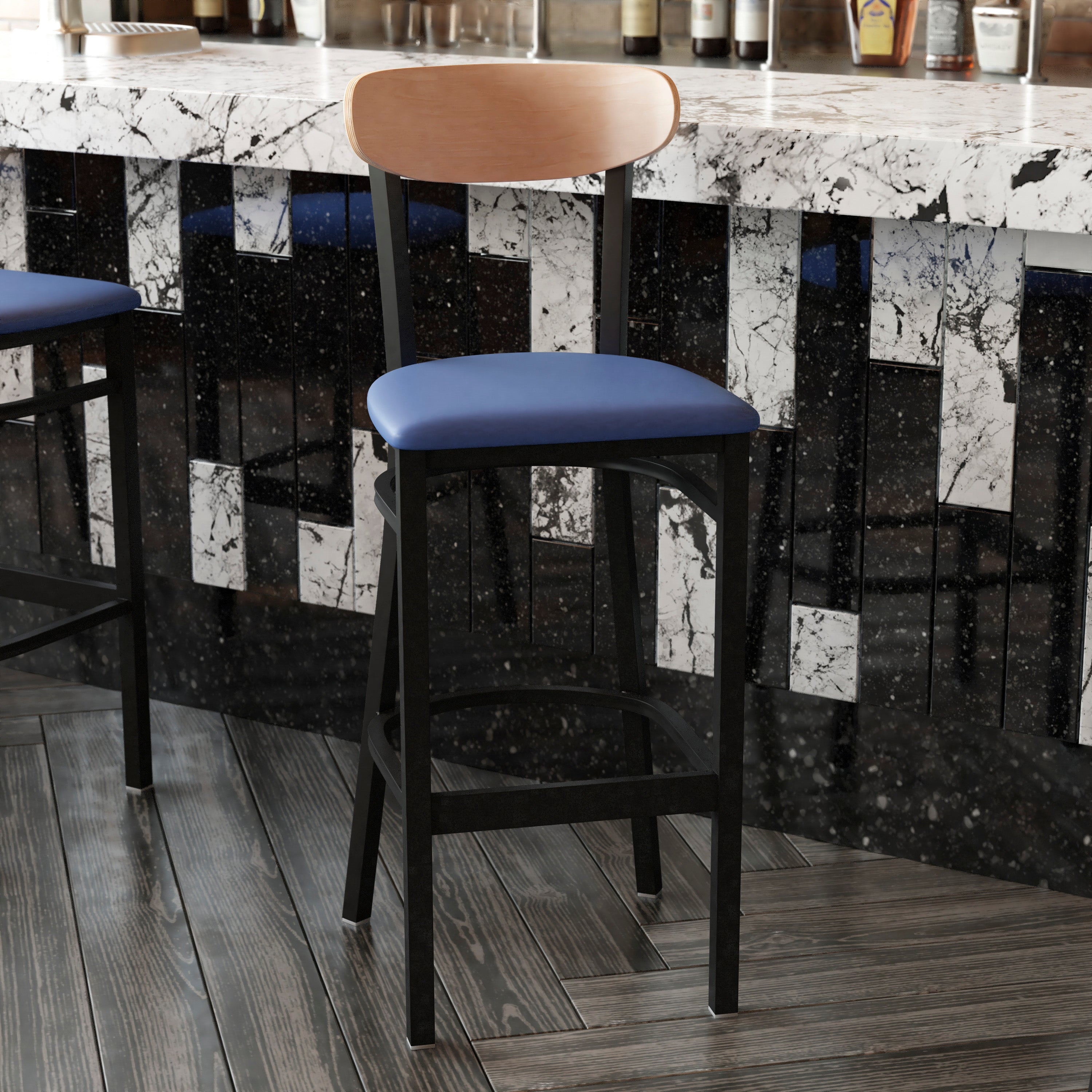 Wright Commercial Barstool with 500 LB. Capacity Black Steel Frame, Natural Birch Finish Wooden Boomerang Back, and Blue Vinyl Seat