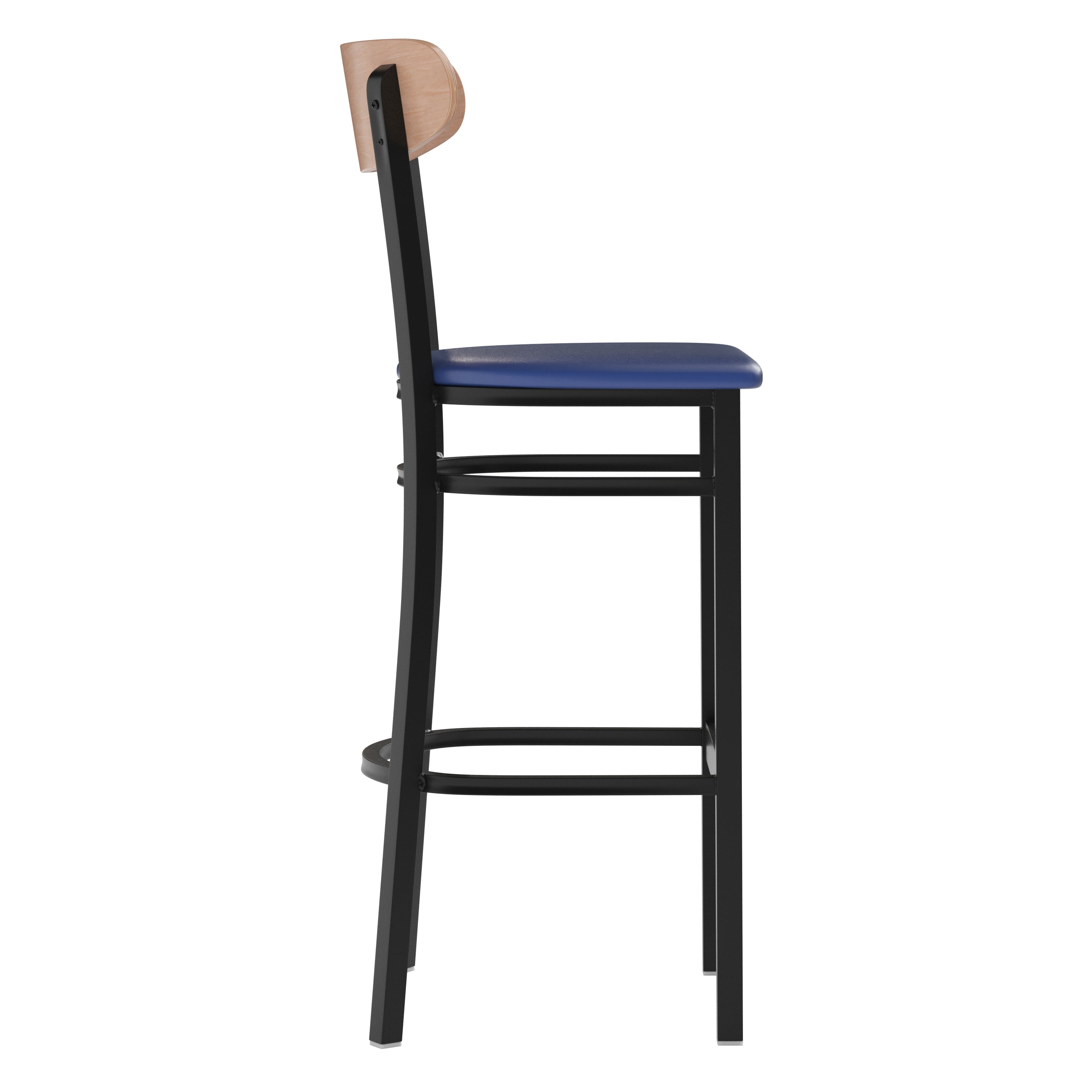 Wright Commercial Barstool with 500 LB. Capacity Black Steel Frame, Natural Birch Finish Wooden Boomerang Back, and Blue Vinyl Seat