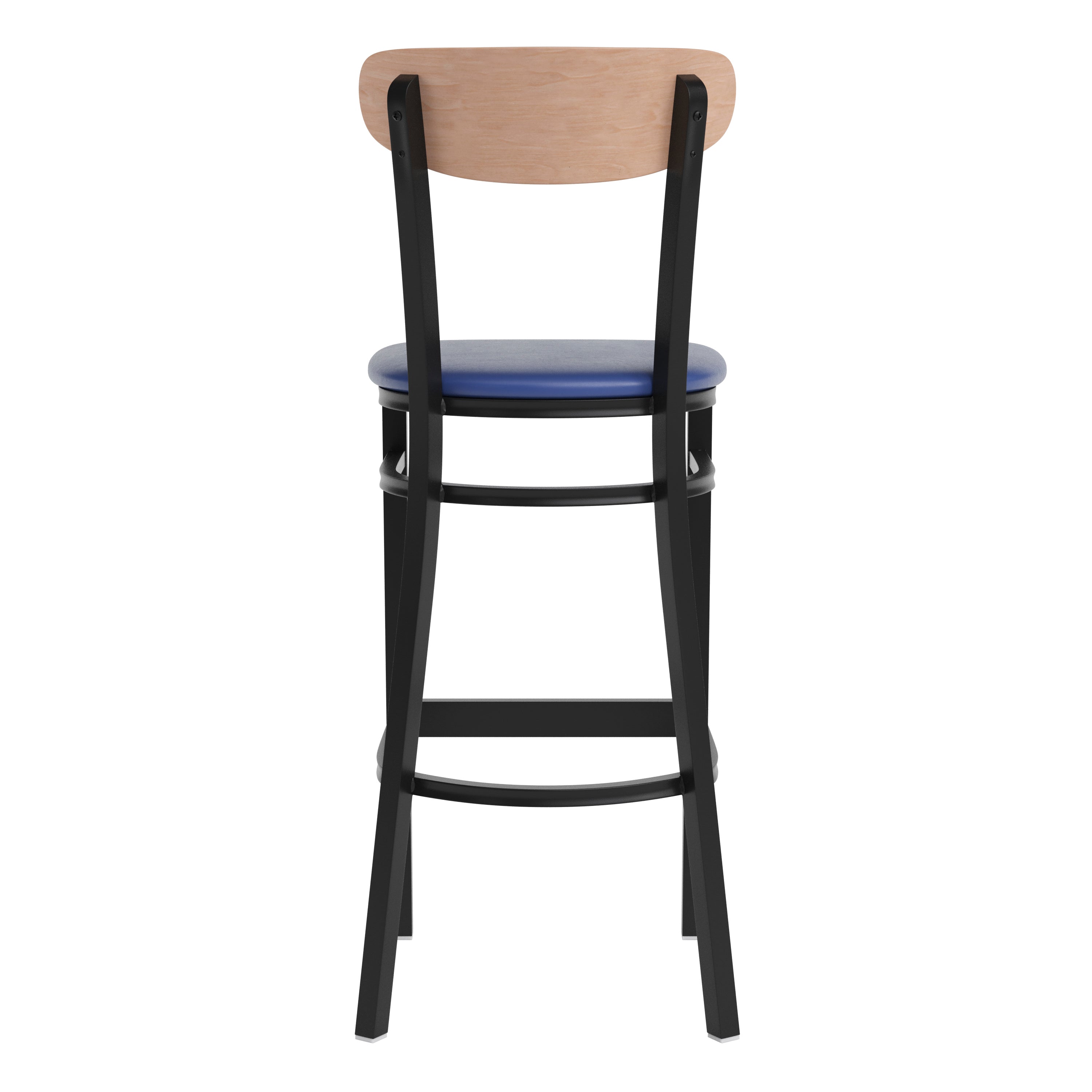 Wright Commercial Barstool with 500 LB. Capacity Black Steel Frame, Natural Birch Finish Wooden Boomerang Back, and Blue Vinyl Seat