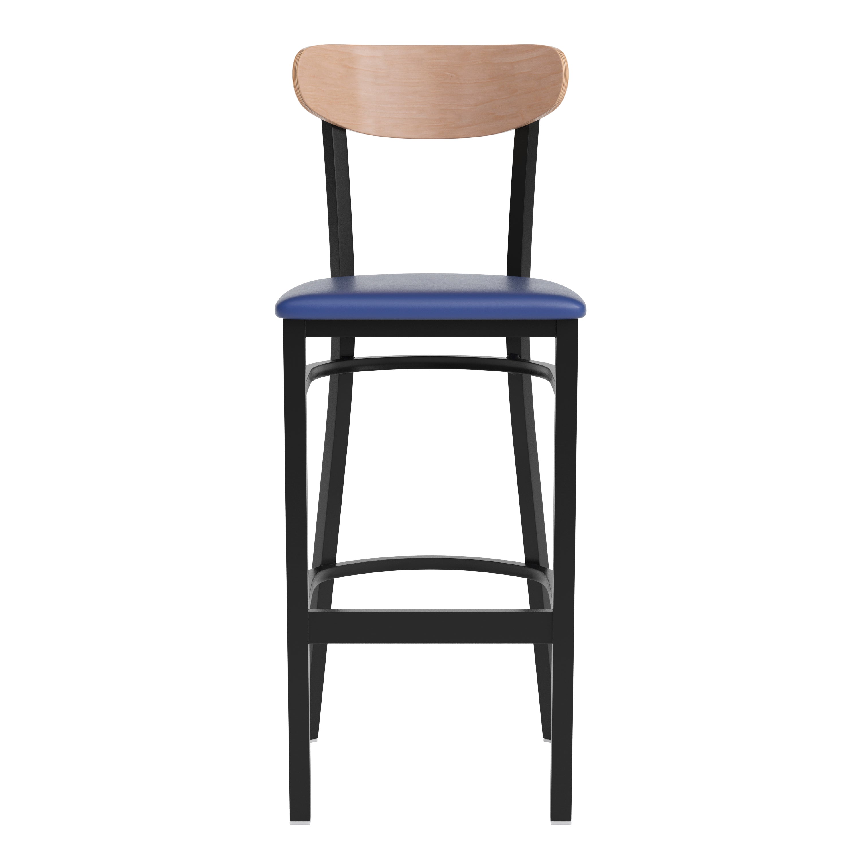 Wright Commercial Barstool with 500 LB. Capacity Black Steel Frame, Natural Birch Finish Wooden Boomerang Back, and Blue Vinyl Seat