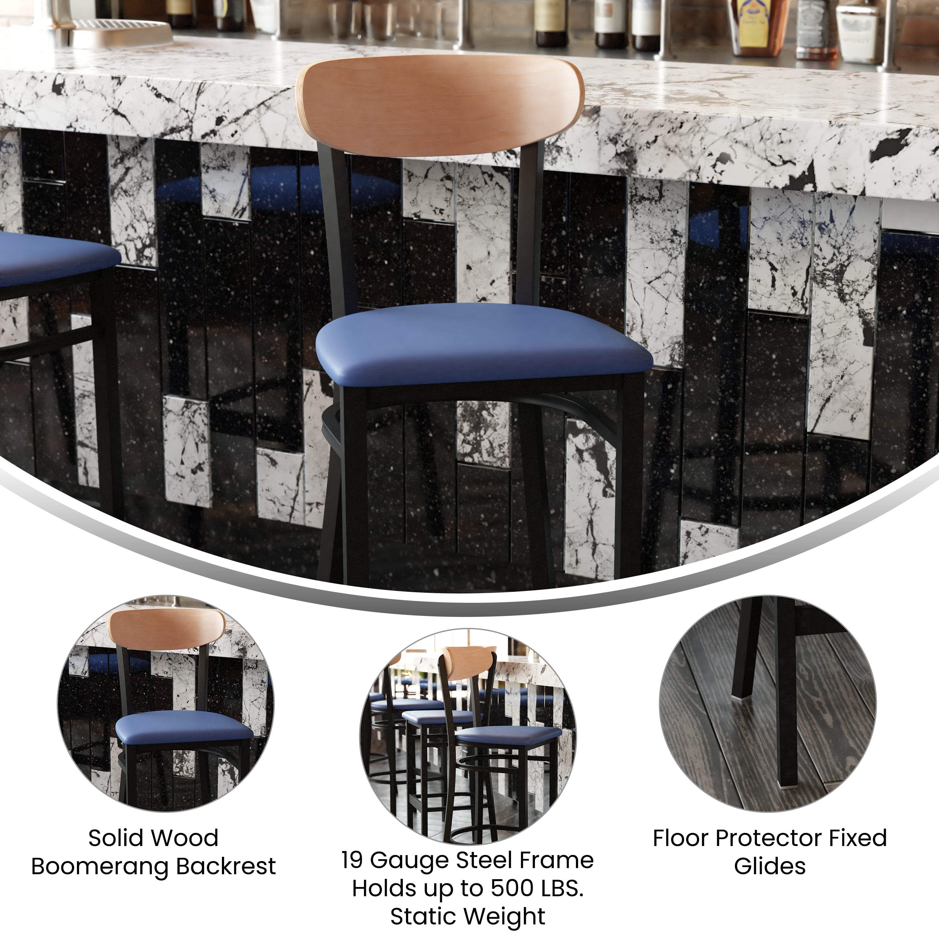 Wright Commercial Barstool with 500 LB. Capacity Black Steel Frame, Natural Birch Finish Wooden Boomerang Back, and Blue Vinyl Seat