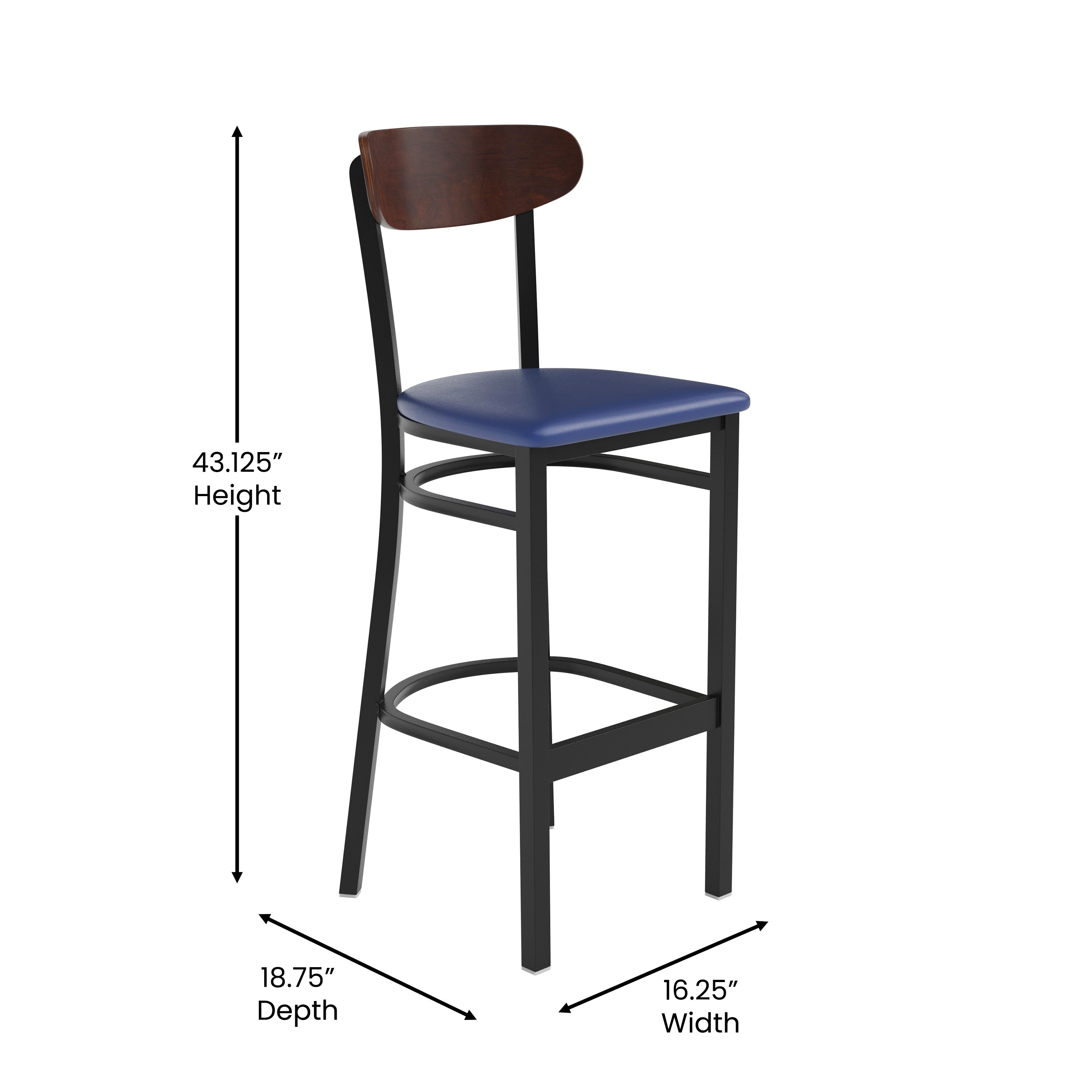 Wright Commercial Barstool with 500 LB. Capacity Black Steel Frame, Walnut Finish Wooden Boomerang Back, and Blue Vinyl Seat