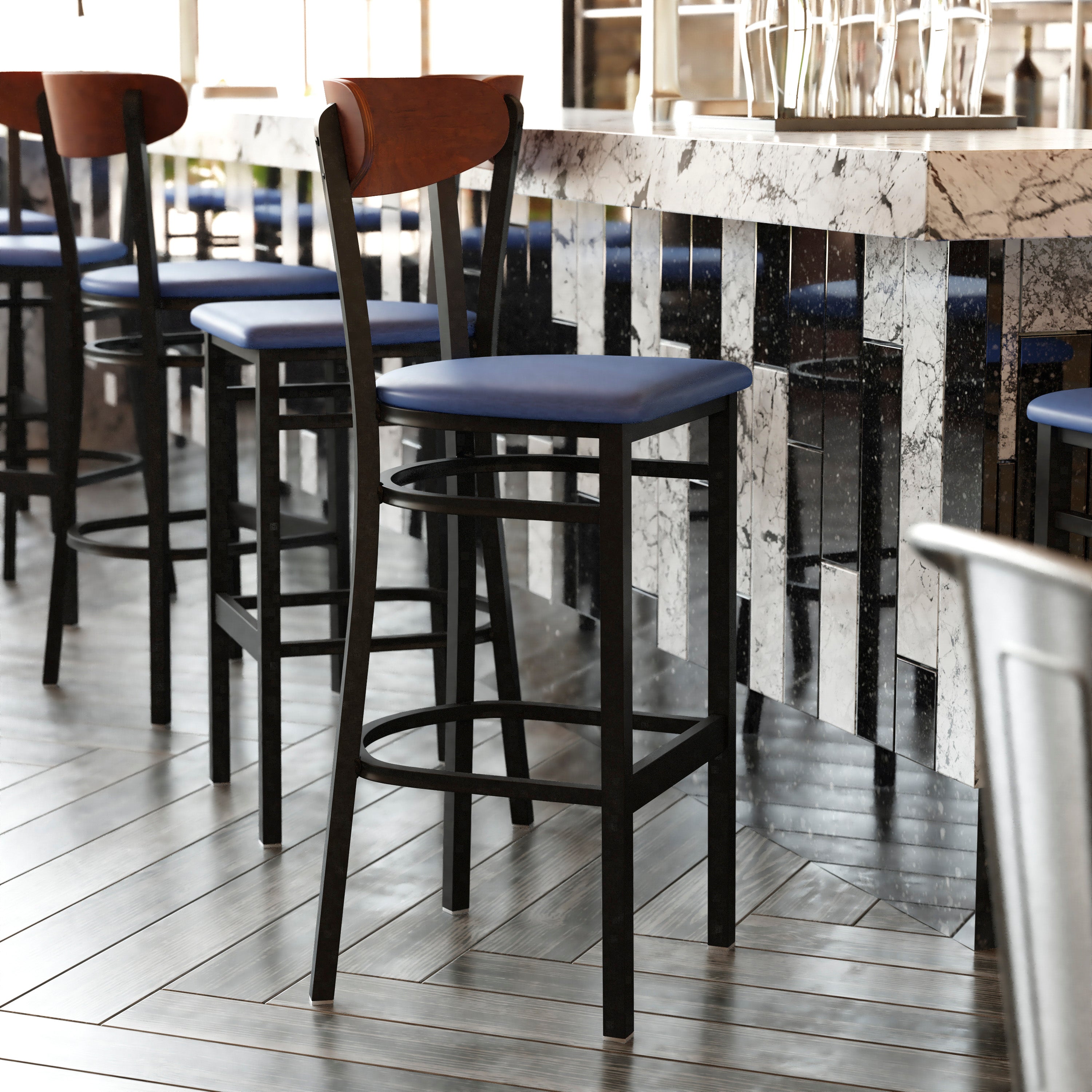 Wright Commercial Barstool with 500 LB. Capacity Black Steel Frame, Walnut Finish Wooden Boomerang Back, and Blue Vinyl Seat