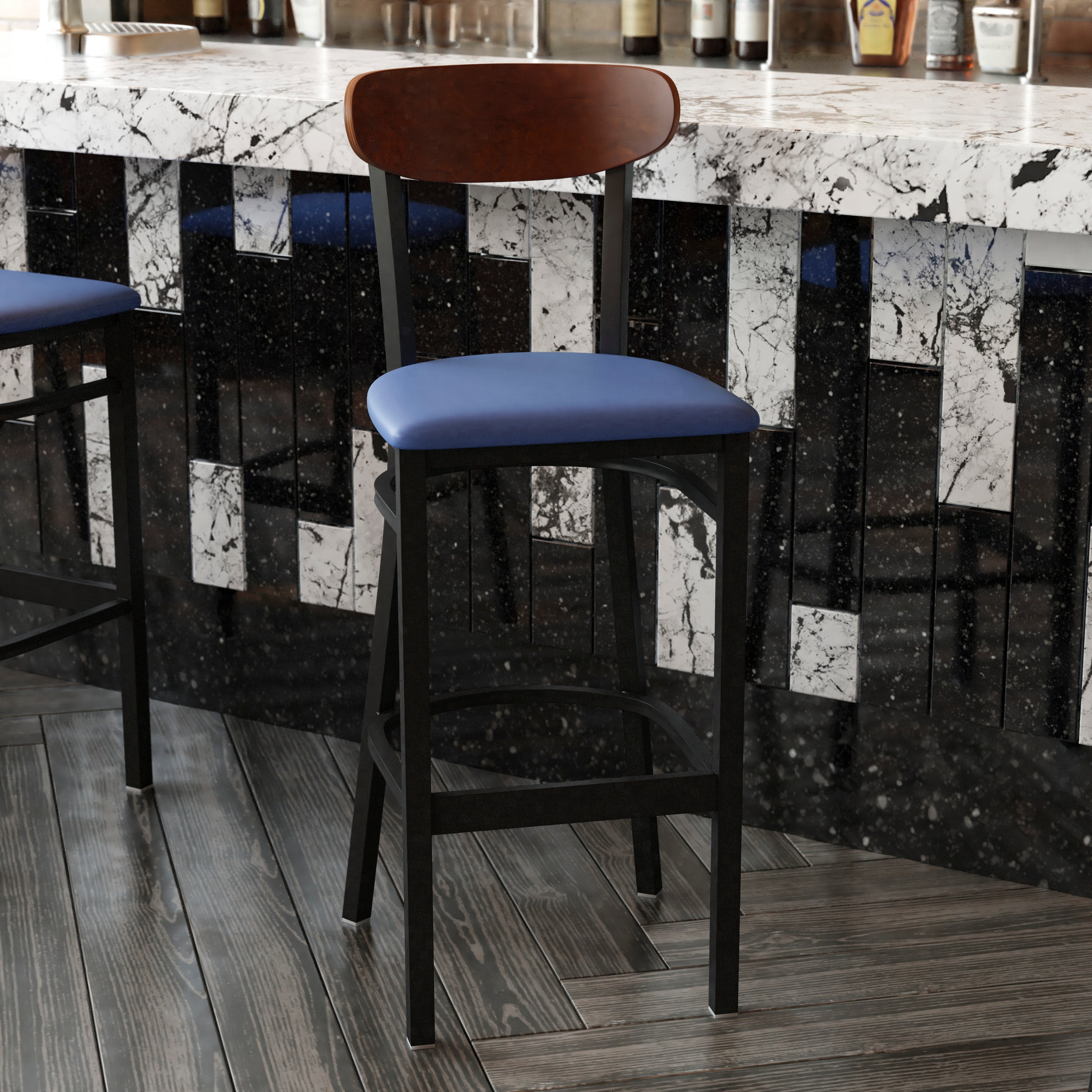 Wright Commercial Barstool with 500 LB. Capacity Black Steel Frame, Walnut Finish Wooden Boomerang Back, and Blue Vinyl Seat