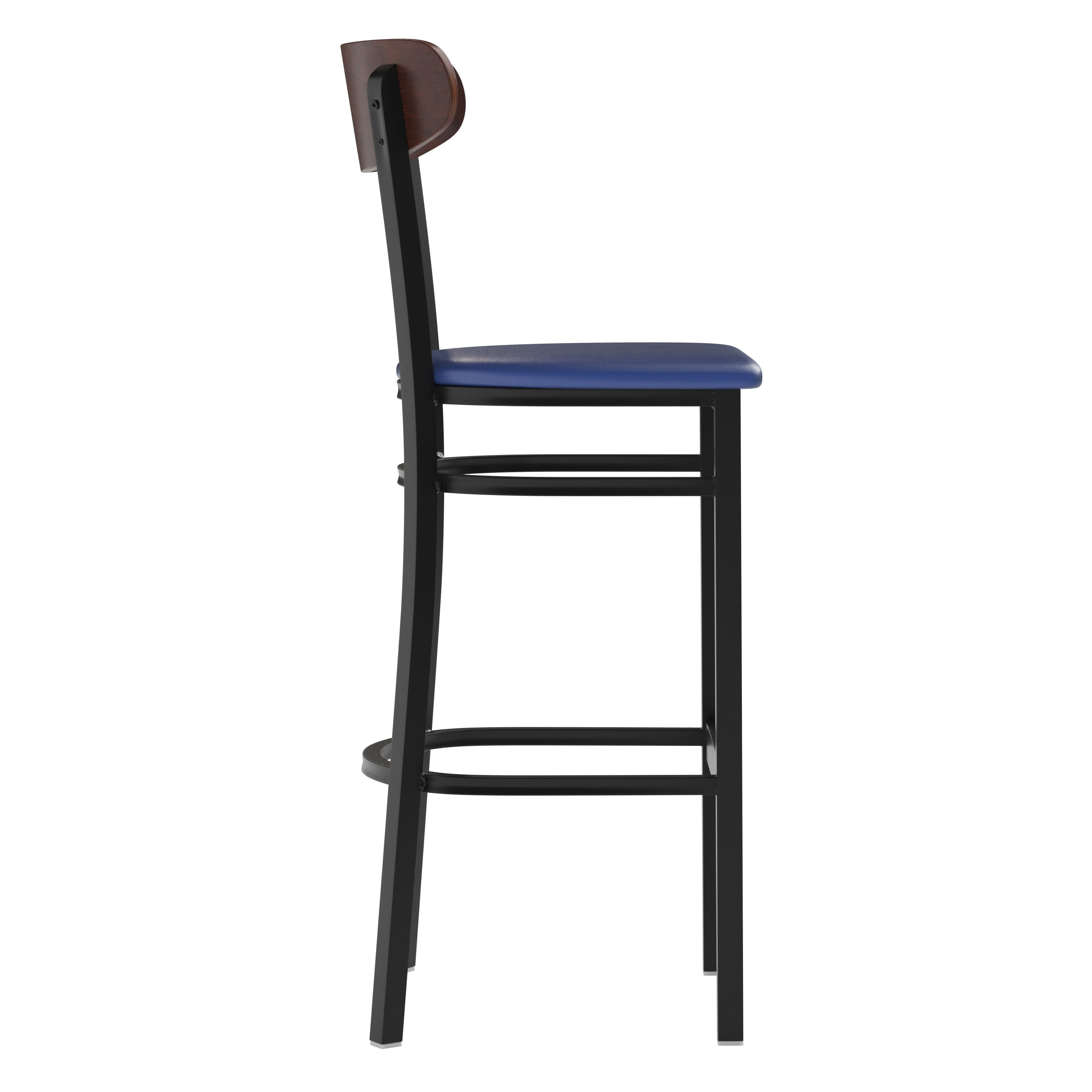 Wright Commercial Barstool with 500 LB. Capacity Black Steel Frame, Walnut Finish Wooden Boomerang Back, and Blue Vinyl Seat