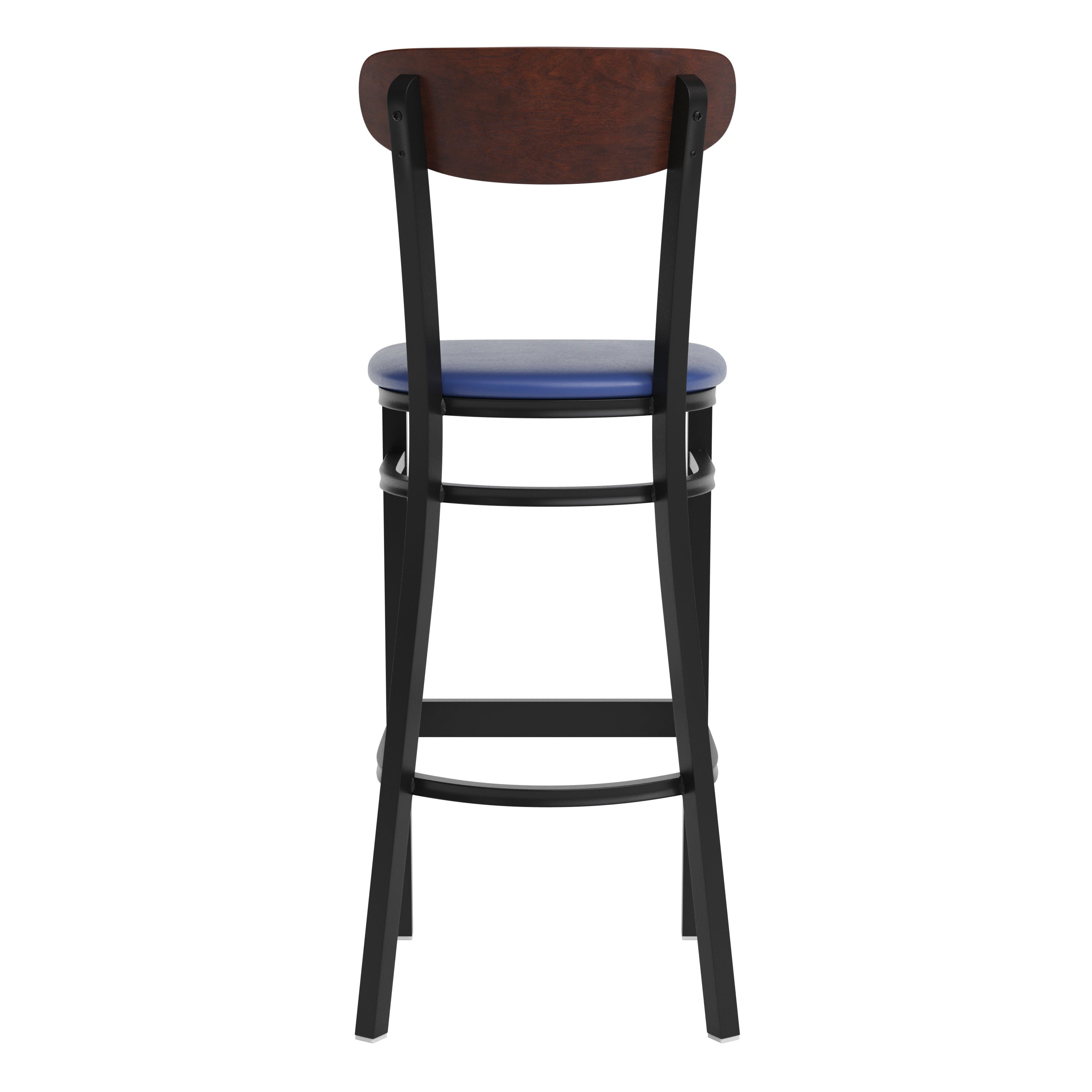 Wright Commercial Barstool with 500 LB. Capacity Black Steel Frame, Walnut Finish Wooden Boomerang Back, and Blue Vinyl Seat