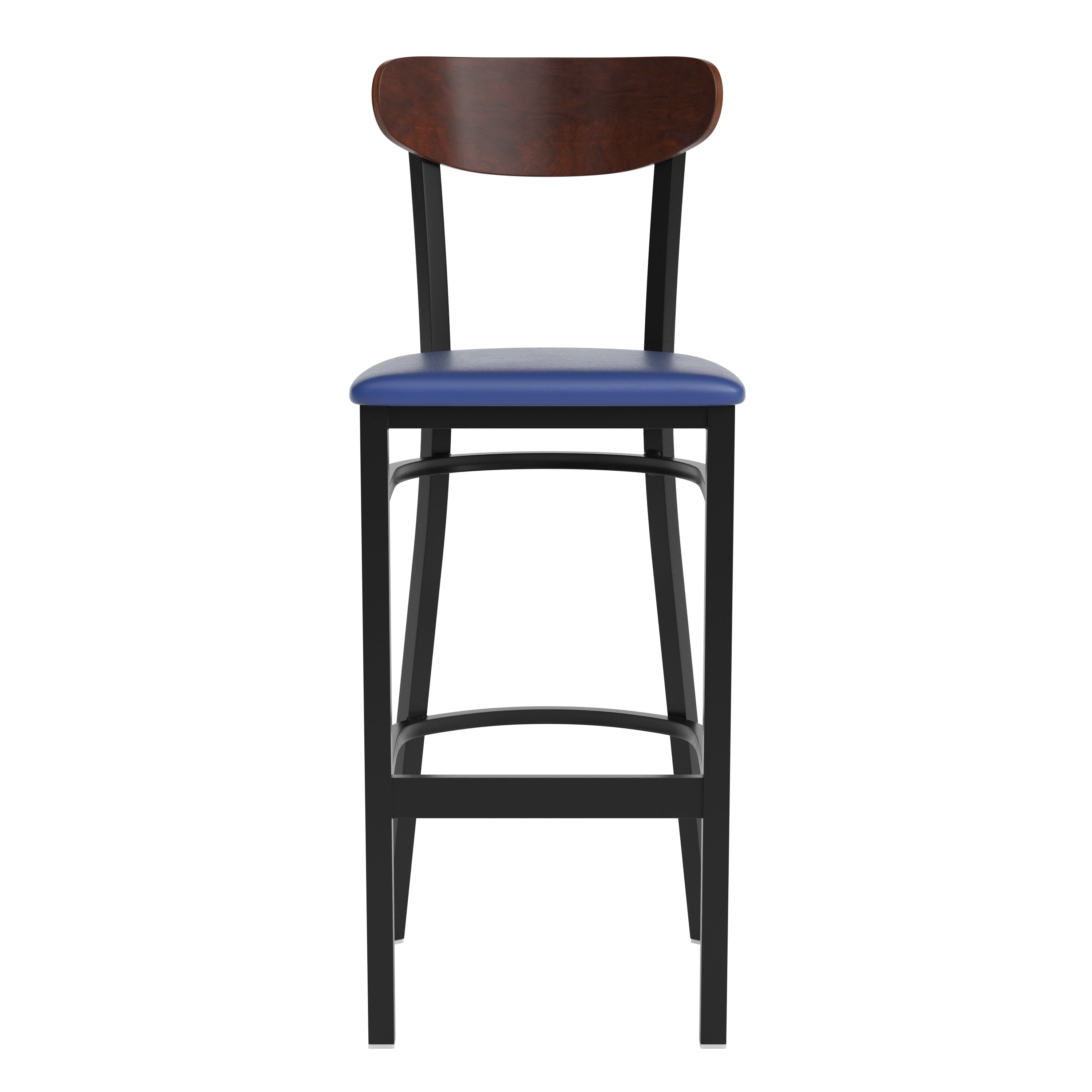 Wright Commercial Barstool with 500 LB. Capacity Black Steel Frame, Walnut Finish Wooden Boomerang Back, and Blue Vinyl Seat