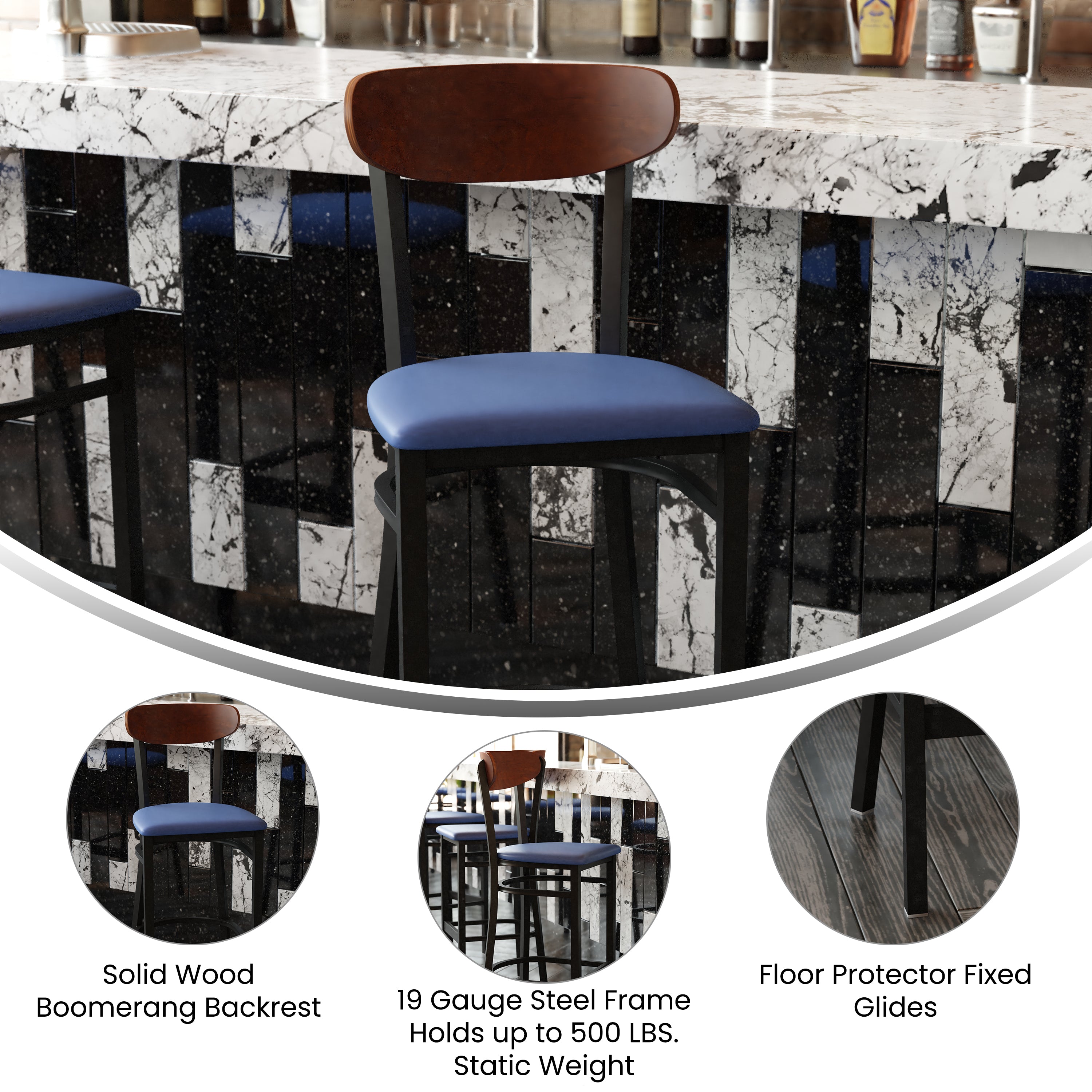 Wright Commercial Barstool with 500 LB. Capacity Black Steel Frame, Walnut Finish Wooden Boomerang Back, and Blue Vinyl Seat
