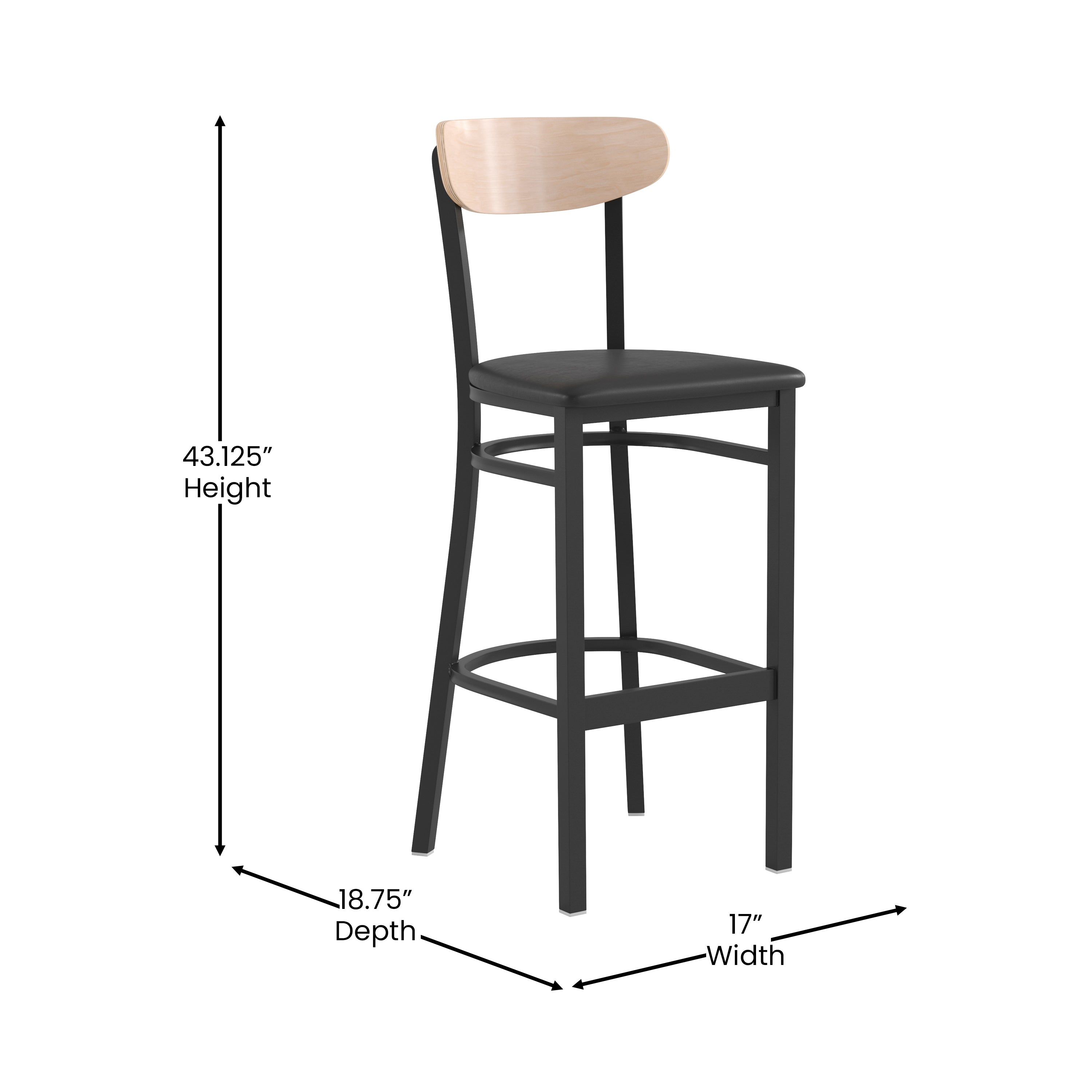 Wright Commercial Barstool with 500 LB. Capacity Black Steel Frame, Natural Birch Finish Wooden Boomerang Back, and Black Vinyl Seat