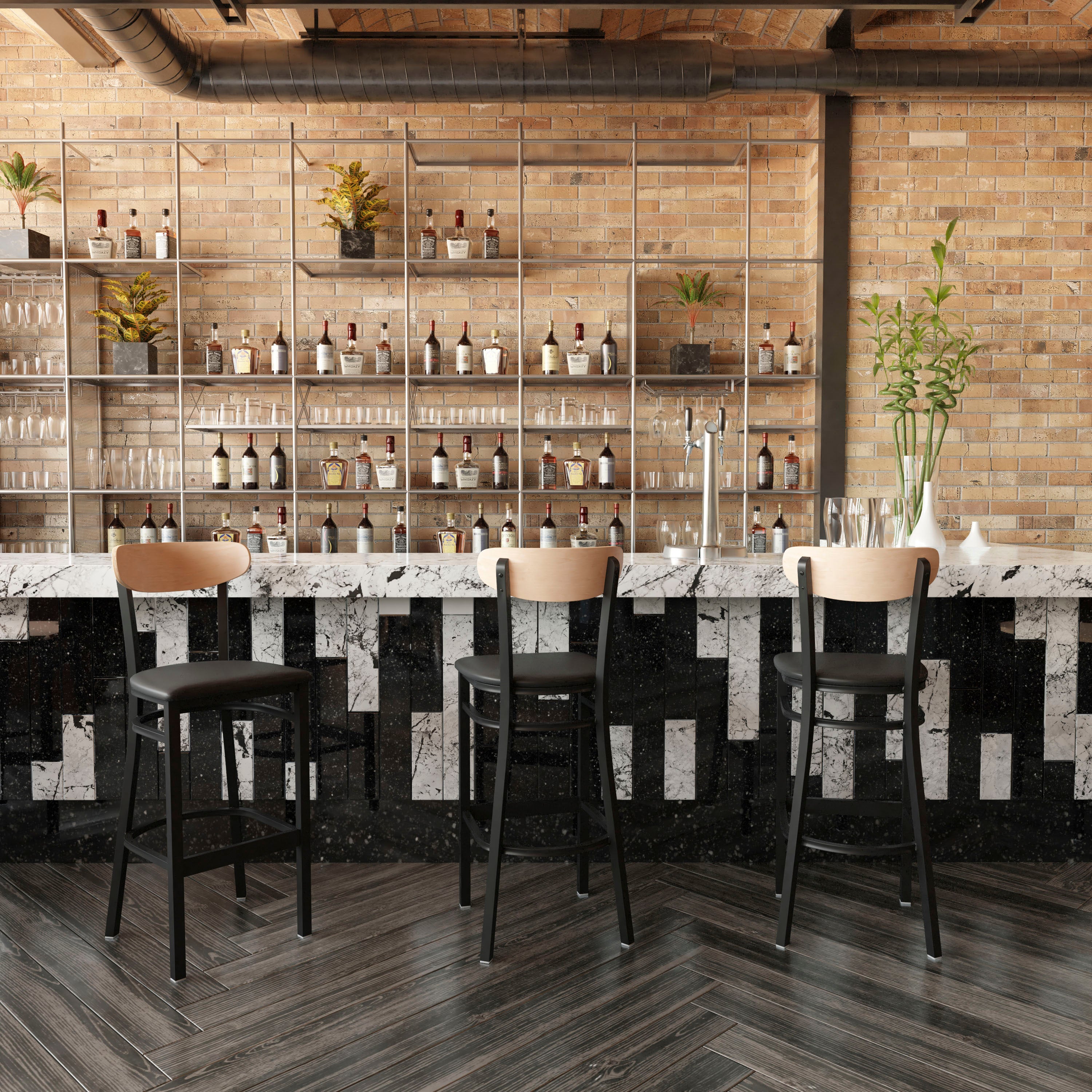 Wright Commercial Barstool with 500 LB. Capacity Black Steel Frame, Natural Birch Finish Wooden Boomerang Back, and Black Vinyl Seat