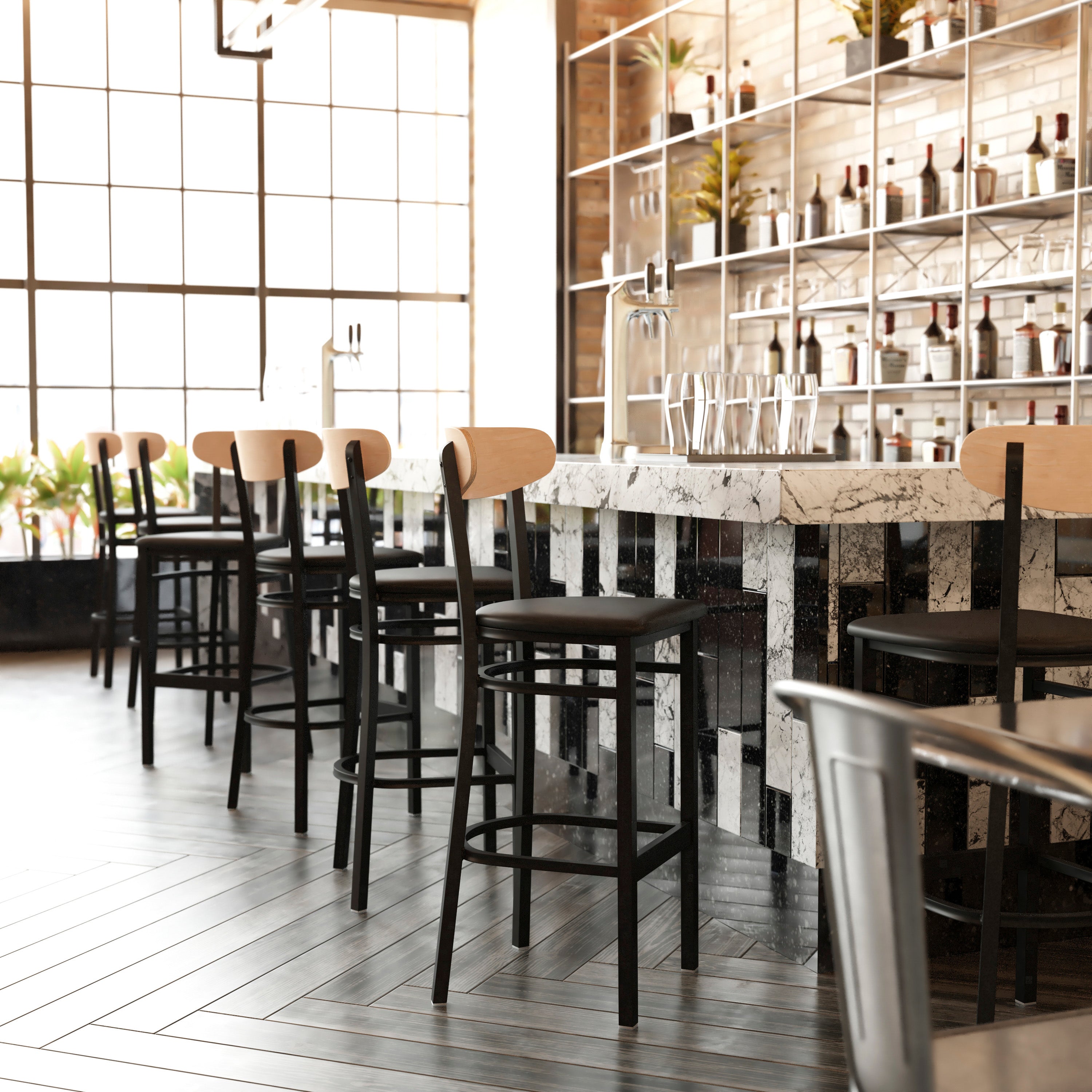 Wright Commercial Barstool with 500 LB. Capacity Black Steel Frame, Natural Birch Finish Wooden Boomerang Back, and Black Vinyl Seat