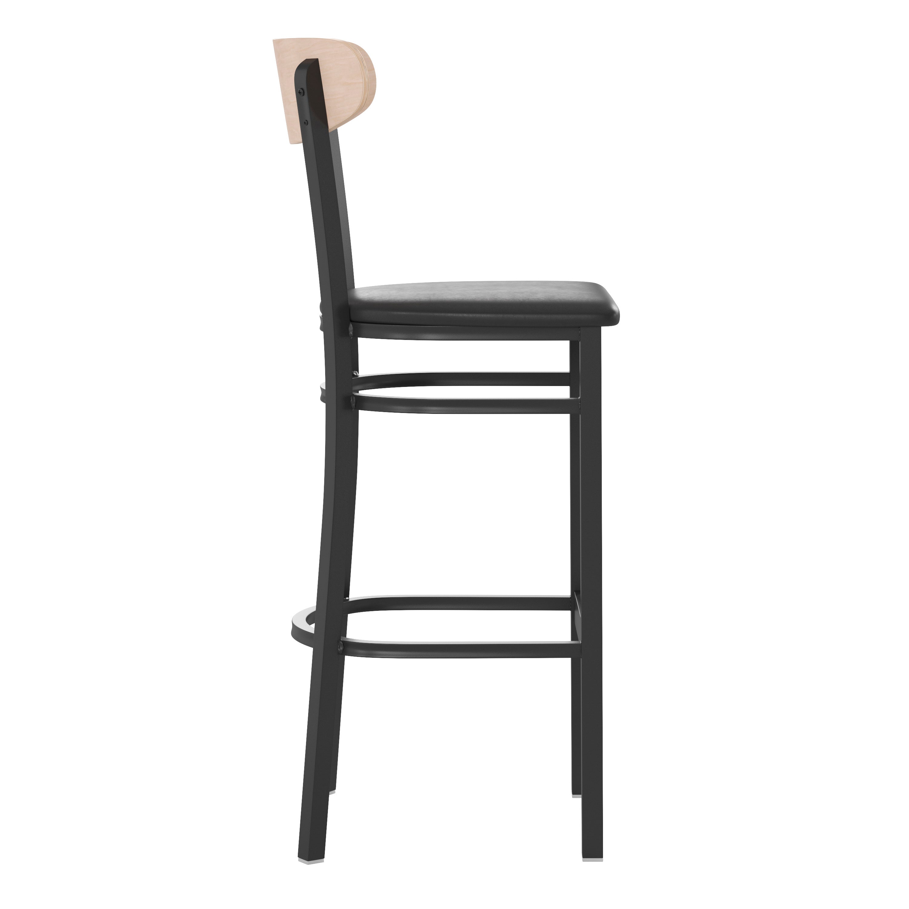 Wright Commercial Barstool with 500 LB. Capacity Black Steel Frame, Natural Birch Finish Wooden Boomerang Back, and Black Vinyl Seat