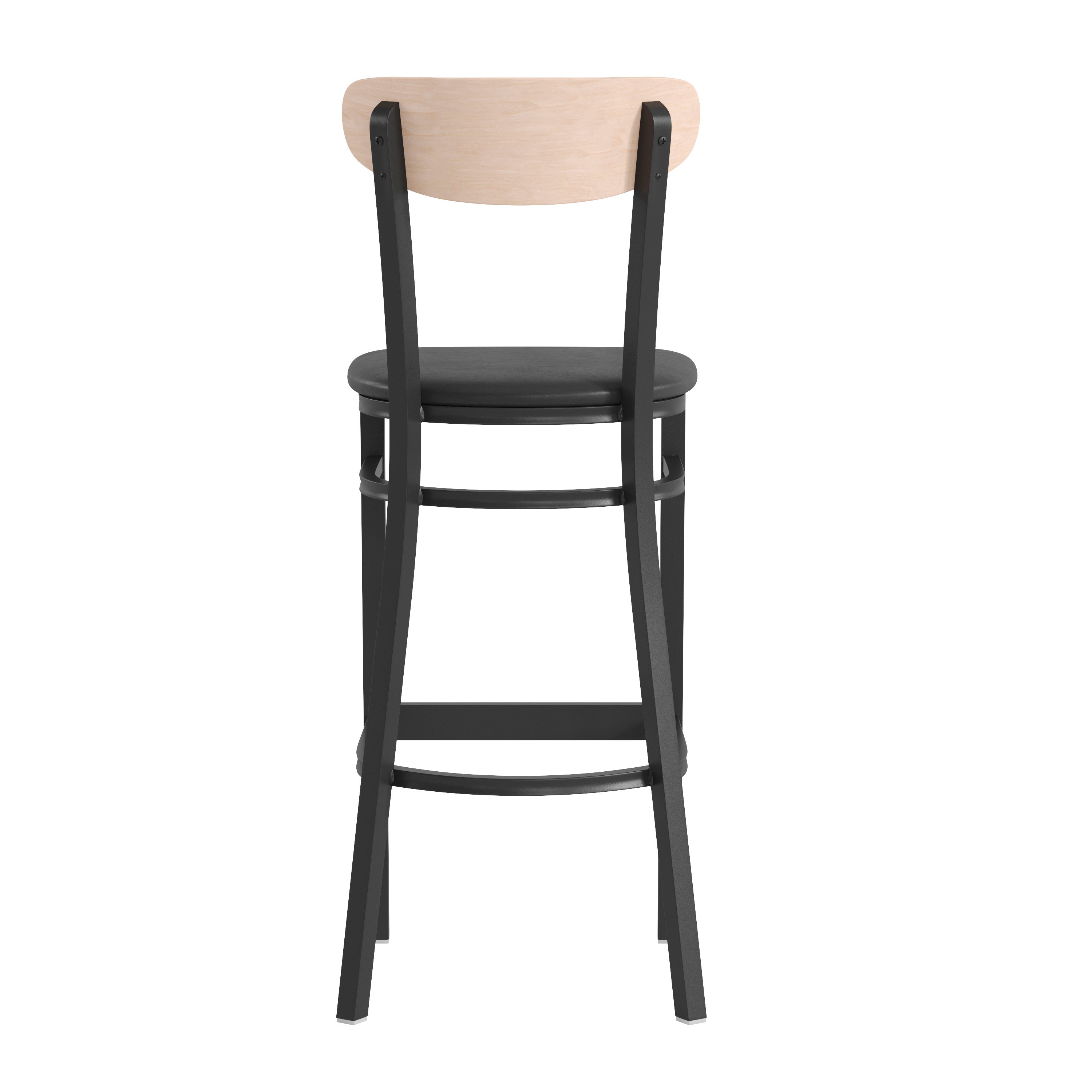 Wright Commercial Barstool with 500 LB. Capacity Black Steel Frame, Natural Birch Finish Wooden Boomerang Back, and Black Vinyl Seat