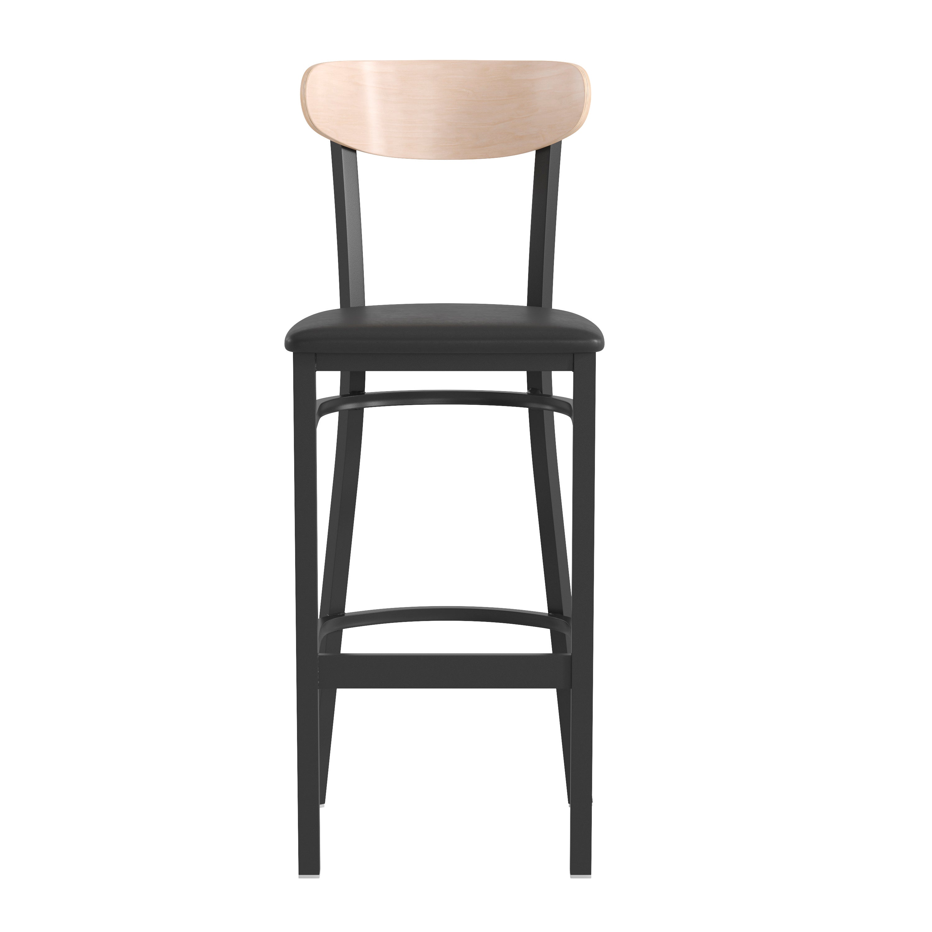 Wright Commercial Barstool with 500 LB. Capacity Black Steel Frame, Natural Birch Finish Wooden Boomerang Back, and Black Vinyl Seat